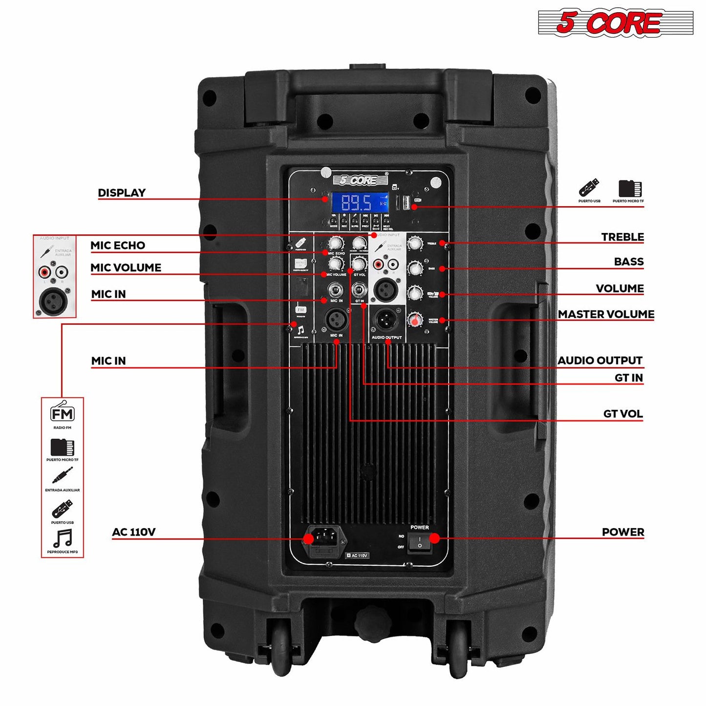 5 Core 12 Inch Bluetooth DJ Speakers Powered 500 Watt Professional Portable PA System 2 Way TWS Bluetooth Speaker with 2 UHF Wireless Microphone Indoor Outdoor Sound Set for Party Active DJ 12 2-MIC