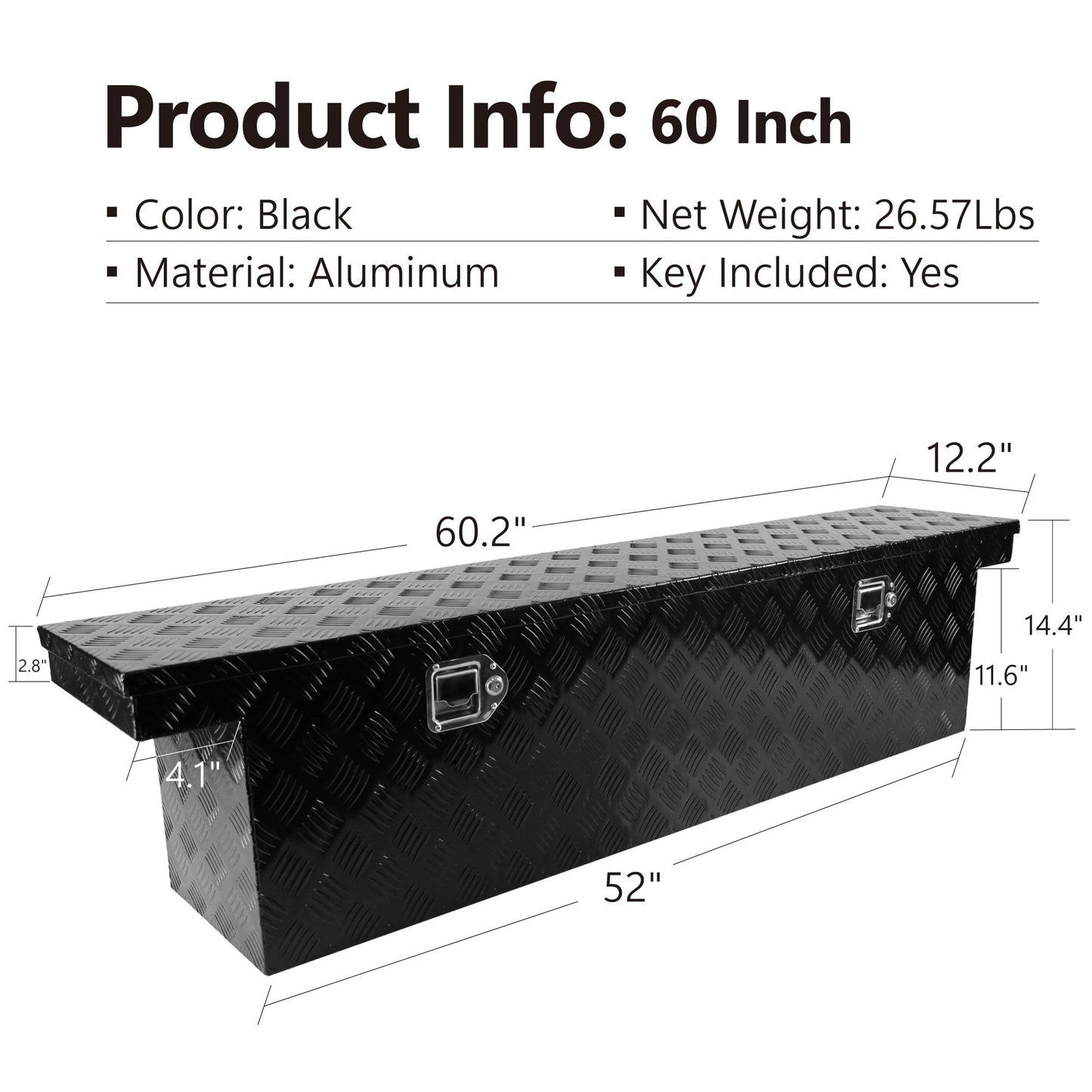 60.2"(L) x 12.2"(W) x 14.4"(H) Pickup Truck Bed Tool Box Trailer Tool Box for Bed of Truck,Aluminum Stripes Toolbox for Truck RV Tralier,Chrome Latch,Black Surface