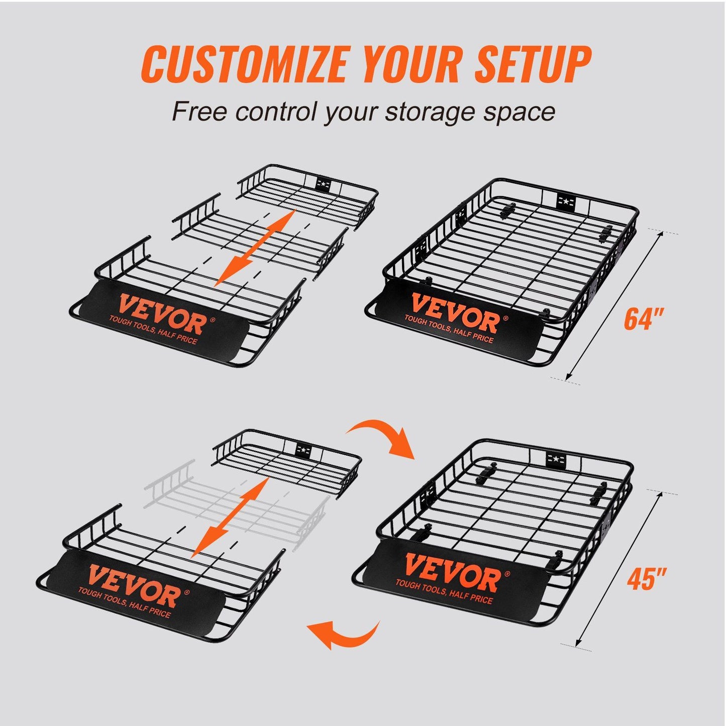 VEVOR Roof Rack Cargo Basket, 64" x 39" x 6" Rooftop Cargo Carrier with Extension, Heavy-duty 200 LBS Capacity Universal Roof Rack Basket, Luggage Holder for SUV, Truck, Vehicle