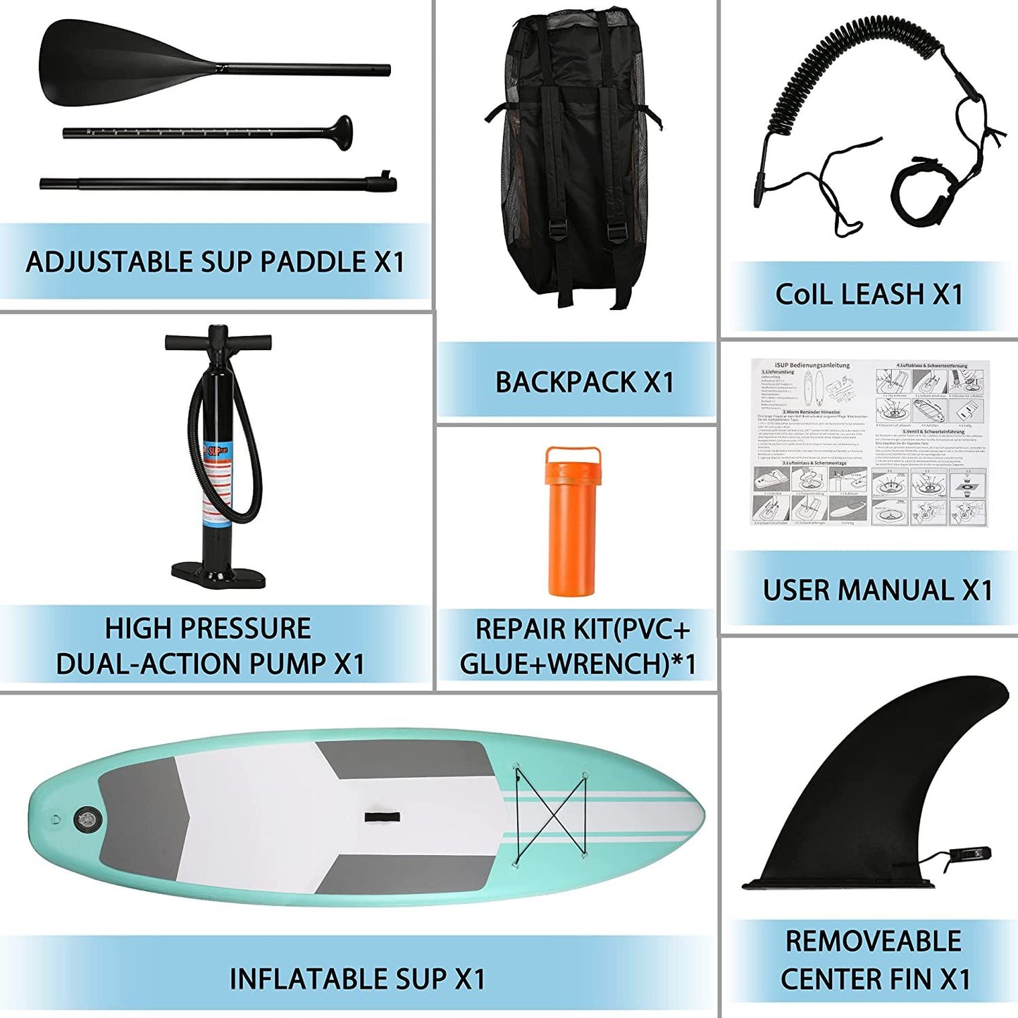 10' Inflatable & Adjustable Stand Up Paddle Board W/ SUP Accessories & Backpack Leash Double Action Hand Pump Repair Kit for Youth & Adult
