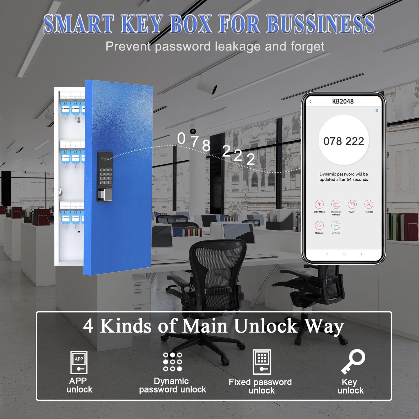 WeHere Smart Key Lock Box (48 Keys) with APP; Key Cabinet Wall Mount use Blutooth; OTP; Fixed Code Unlock; App Generates Codes without Internet; Remote Authorization Great for Office; School