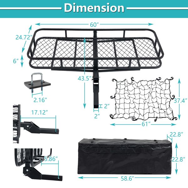 60" x 24" x 6" Hitched Mounted Folding Cargo Basket with Cargo Net, 500lb Capacity for Car SUV Truck Trailer, Black