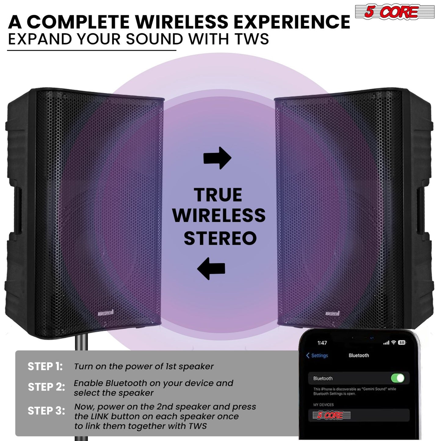 5 Core 12 Inch Bluetooth DJ Speakers Powered 500 Watt Professional Portable PA System 2 Way TWS Bluetooth Speaker with 2 UHF Wireless Microphone Indoor Outdoor Sound Set for Party Active DJ 12 2-MIC