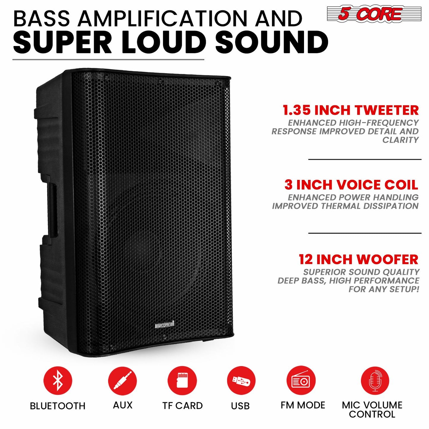 5 Core 12 Inch Bluetooth DJ Speakers Powered 500 Watt Professional Portable PA System 2 Way TWS Bluetooth Speaker with 2 UHF Wireless Microphone Indoor Outdoor Sound Set for Party Active DJ 12 2-MIC