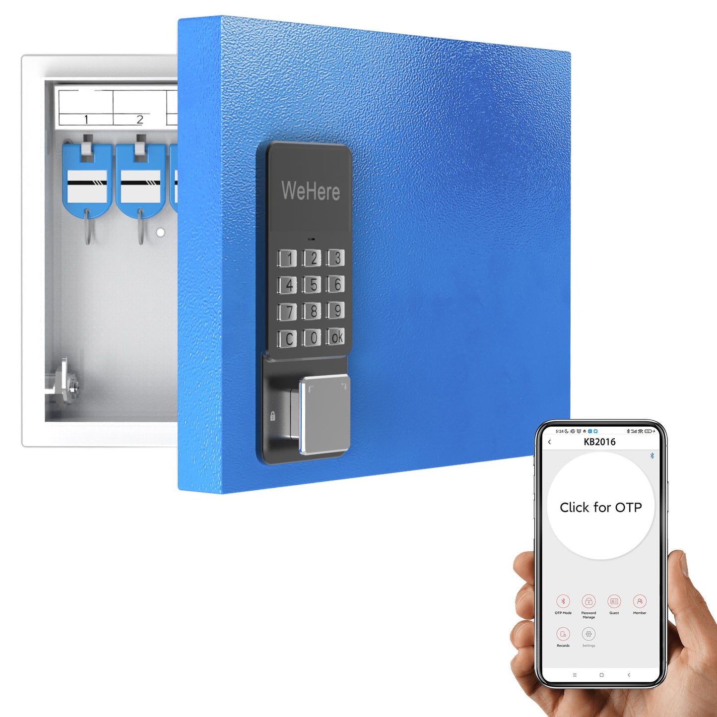WeHere Key Lock Box (16 Keys) with APP; Steal Large Key Cabinet Wall Mount; Electronic Locking Key Box use OTP/Bluetooth/Fixed Password Unlock; APP Remote Authorization Great for School/Realtors