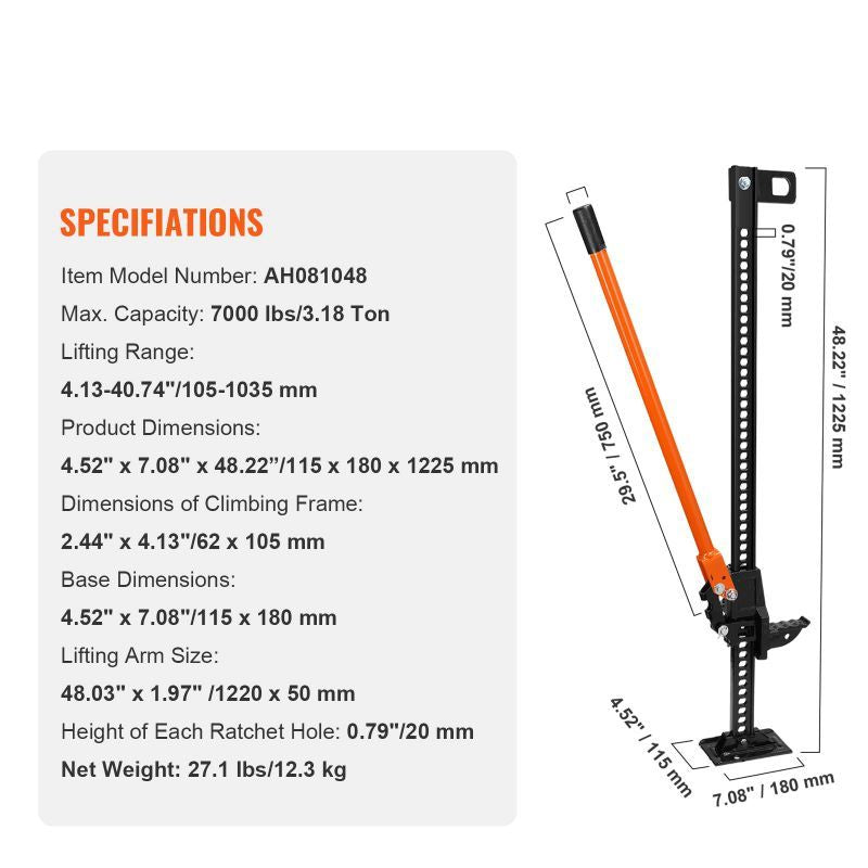 48" High Lift Ratcheting Off Road Utility Farm Jack