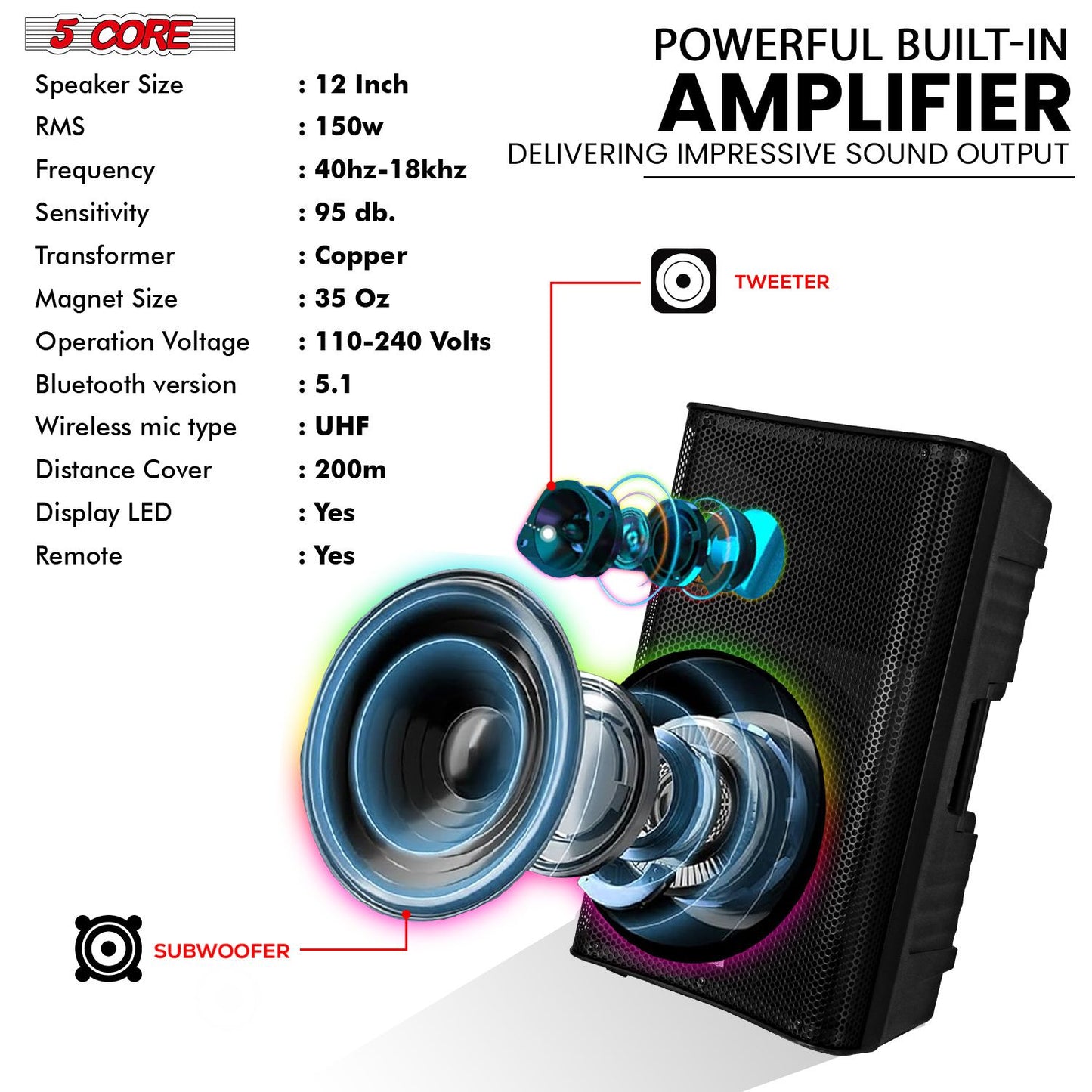 5 Core 12 Inch Bluetooth DJ Speakers Powered 500 Watt Professional Portable PA System 2 Way TWS Bluetooth Speaker with 2 UHF Wireless Microphone Indoor Outdoor Sound Set for Party Active DJ 12 2-MIC