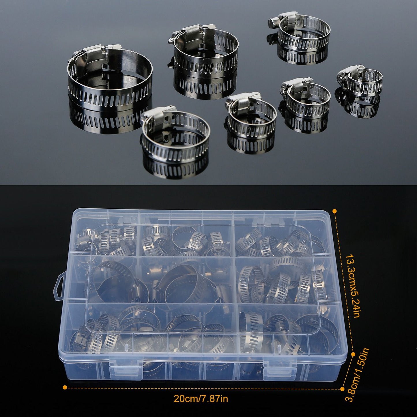 60Pcs Hose Clamp Set Stainless Steel Adjustable Worm Gear Assortment Pipe Tube Hose Clip Kit For Plumbing Automotive Mechanical