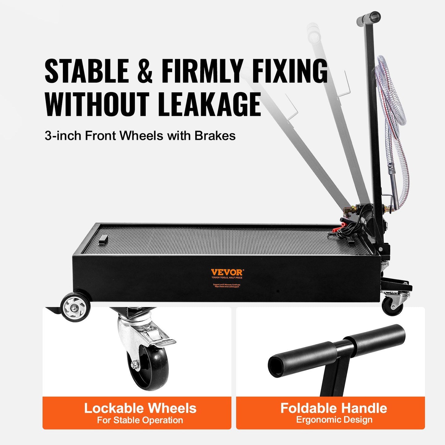 VEVOR Low Profile Oil Drain Pan, 20 Gallon Oil Drain Pan with Pump, Oil Change Pan with 180W Electric Pump, 8.2ft Hose & Folding Handle, Rolling Oil Drain Cart for Trucks, Buses, RVs