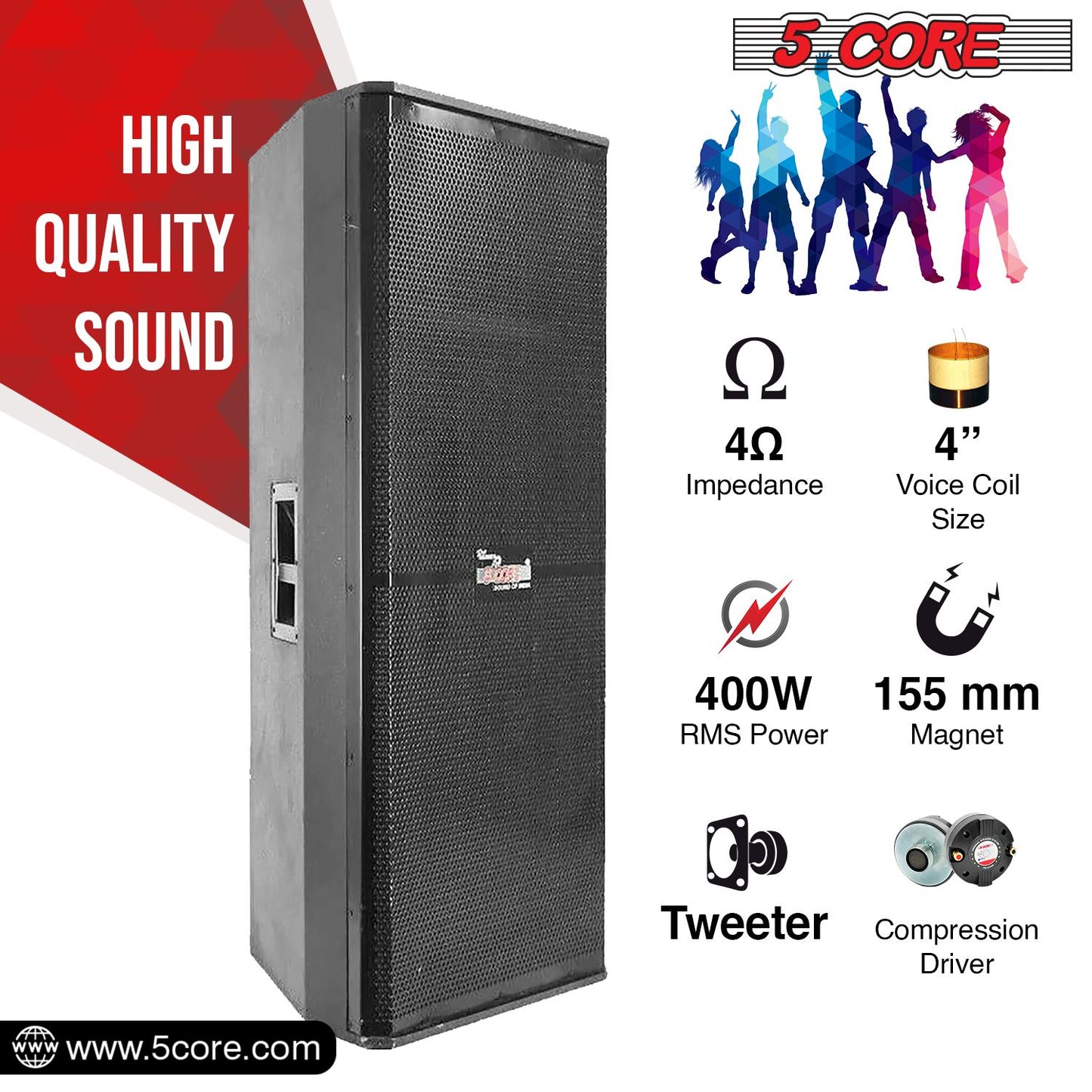5 Core 15" Dual Outdoor Speaker System Pro Pa Party DJ Subwoofers 4 Pack, 3 Way 4 Ohm 4000W PMPO Stereo Surround Sound Wooden Speaker System with 2.5" Voice Coil - 15x2 400DX 4PCS