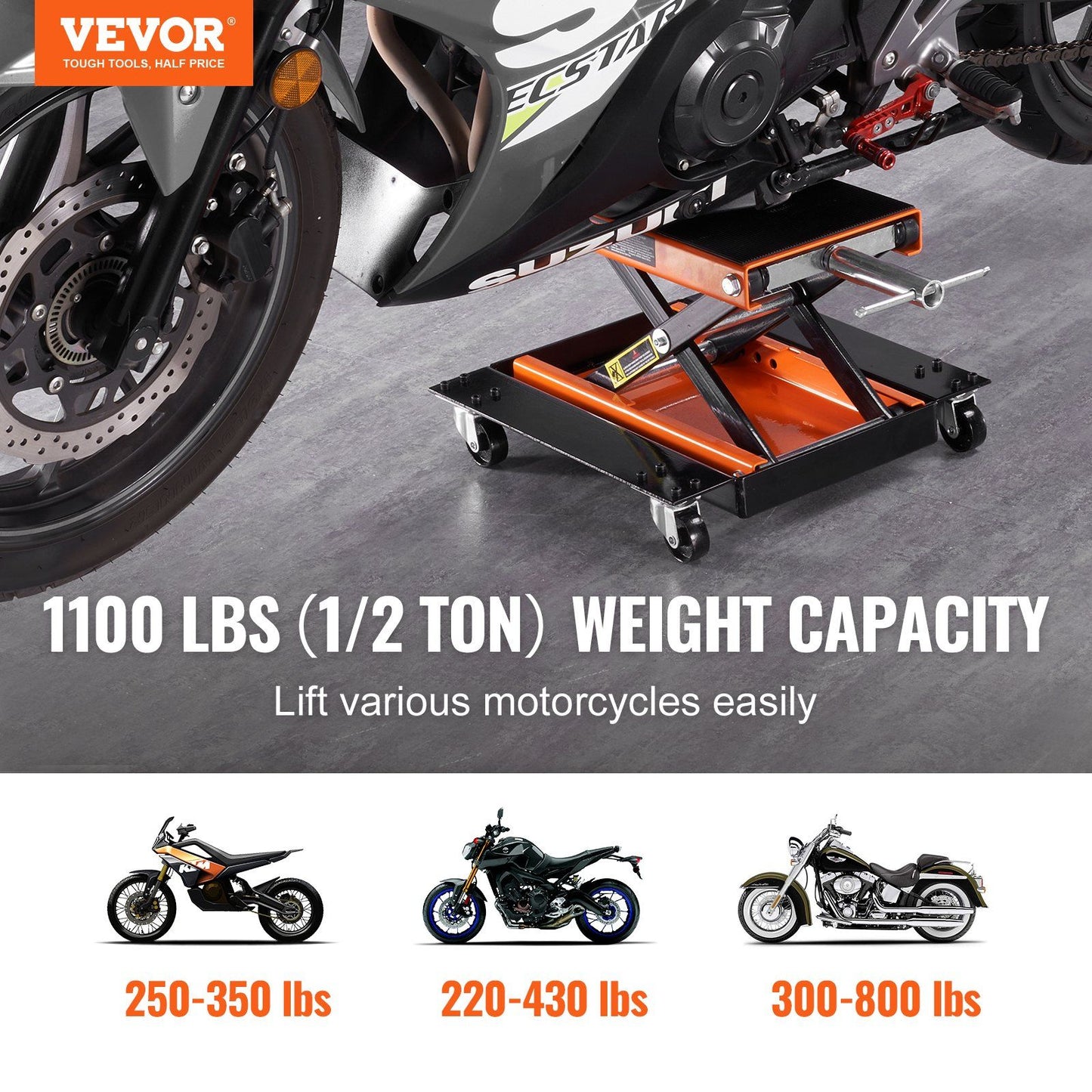 VEVOR Motorcycle Lift, 1100 LBS Motorcycle Lift ATV Scissor Lift Jack with Dolly & Hand Crank, Center Hoist Crank Stand with Wide Deck & Tool Tray for Street Bikes, Cruiser Bikes, Touring Motorcycles