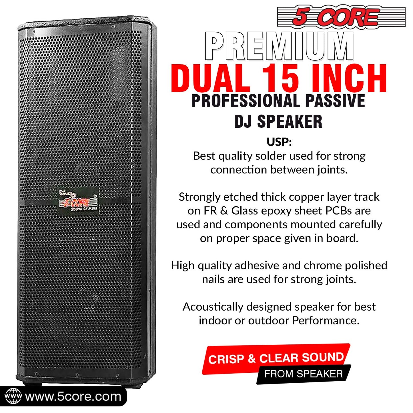 5 Core 15" Dual Outdoor Speaker System Pro Pa Party DJ Subwoofers 4 Pack, 3 Way 4 Ohm 4000W PMPO Stereo Surround Sound Wooden Speaker System with 2.5" Voice Coil - 15x2 400DX 4PCS