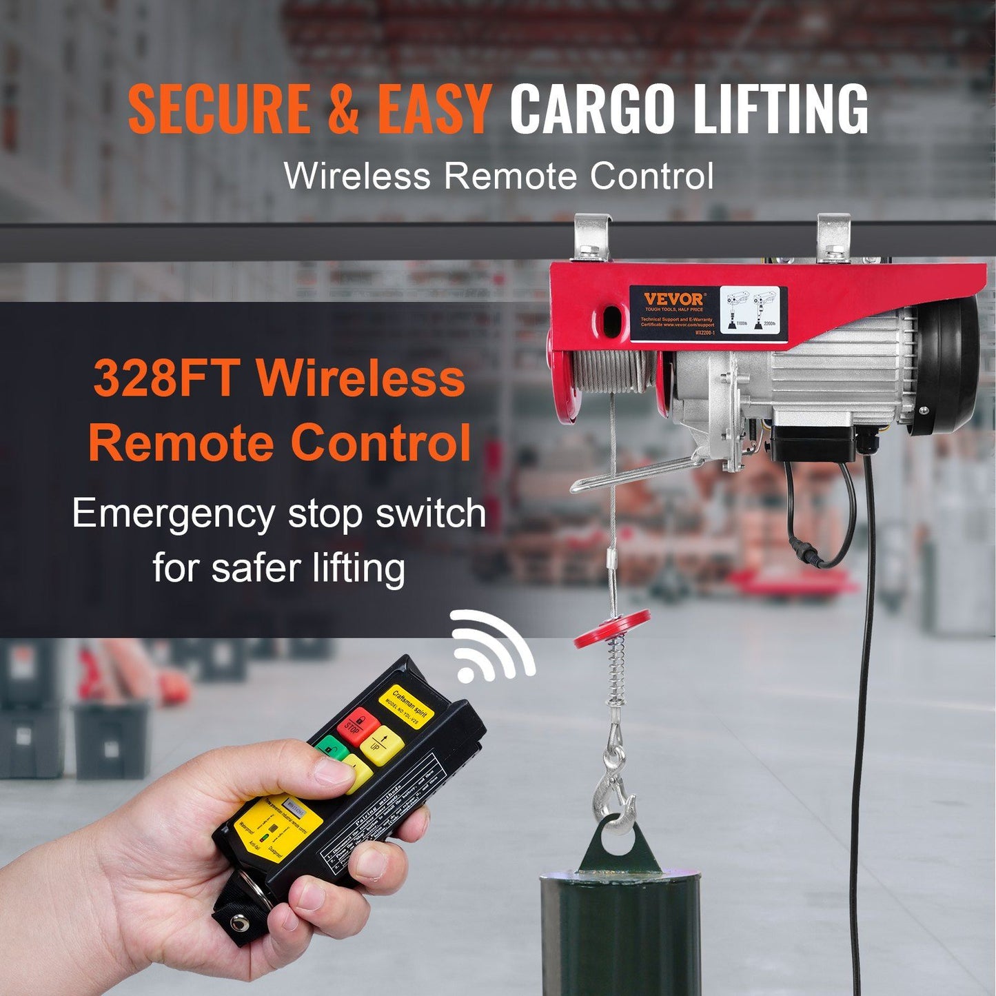 VEVOR Electric Hoist, 2200 lbs Lifting Capacity, 1600W 110V Electric Steel Wire Winch with Wireless Remote Control, 40ft Single Cable Lifting Height & Pure Copper Motor, for Garage Warehouse Factory