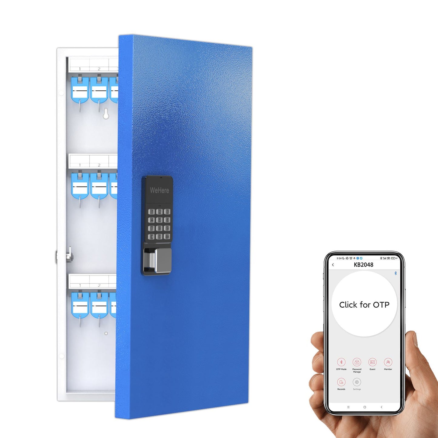 WeHere Smart Key Lock Box (48 Keys) with APP; Key Cabinet Wall Mount use Blutooth; OTP; Fixed Code Unlock; App Generates Codes without Internet; Remote Authorization Great for Office; School
