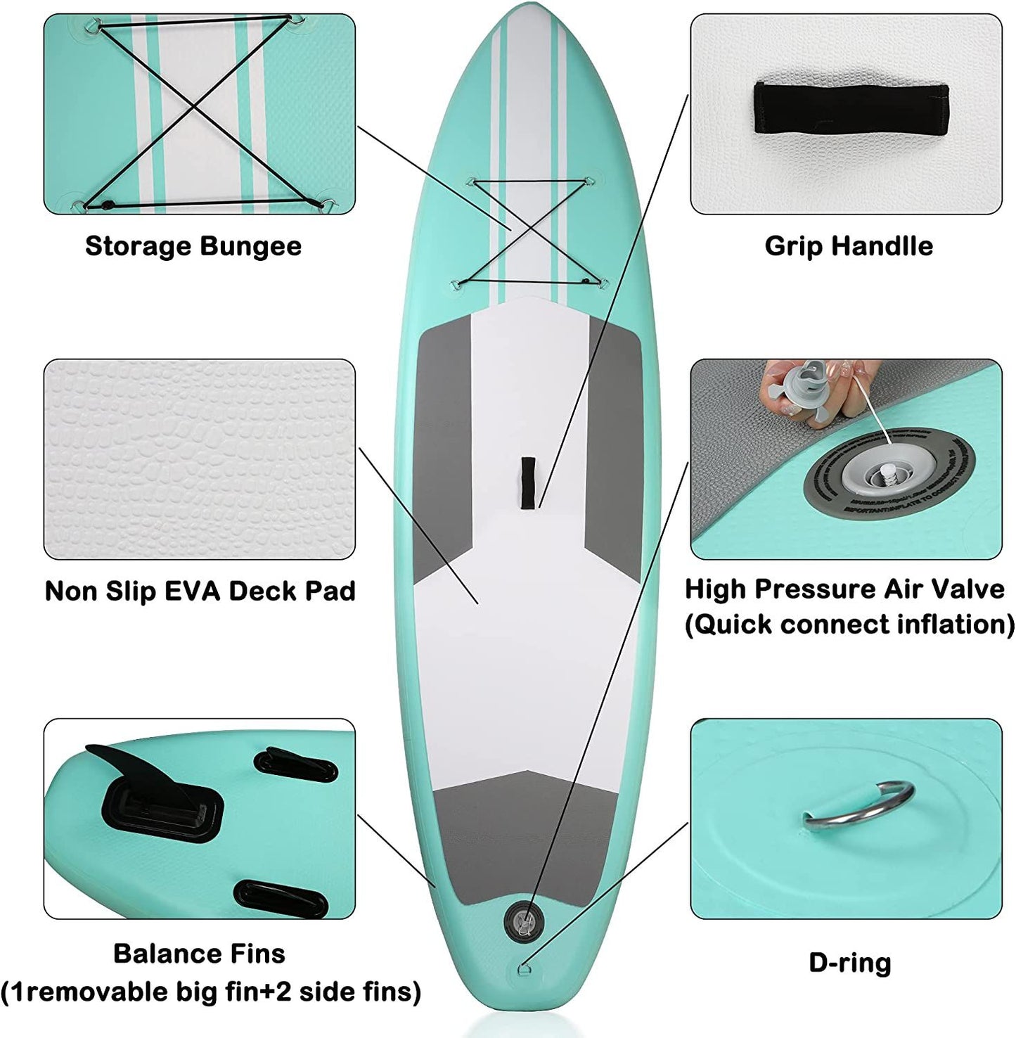 10' Inflatable & Adjustable Stand Up Paddle Board W/ SUP Accessories & Backpack Leash Double Action Hand Pump Repair Kit for Youth & Adult
