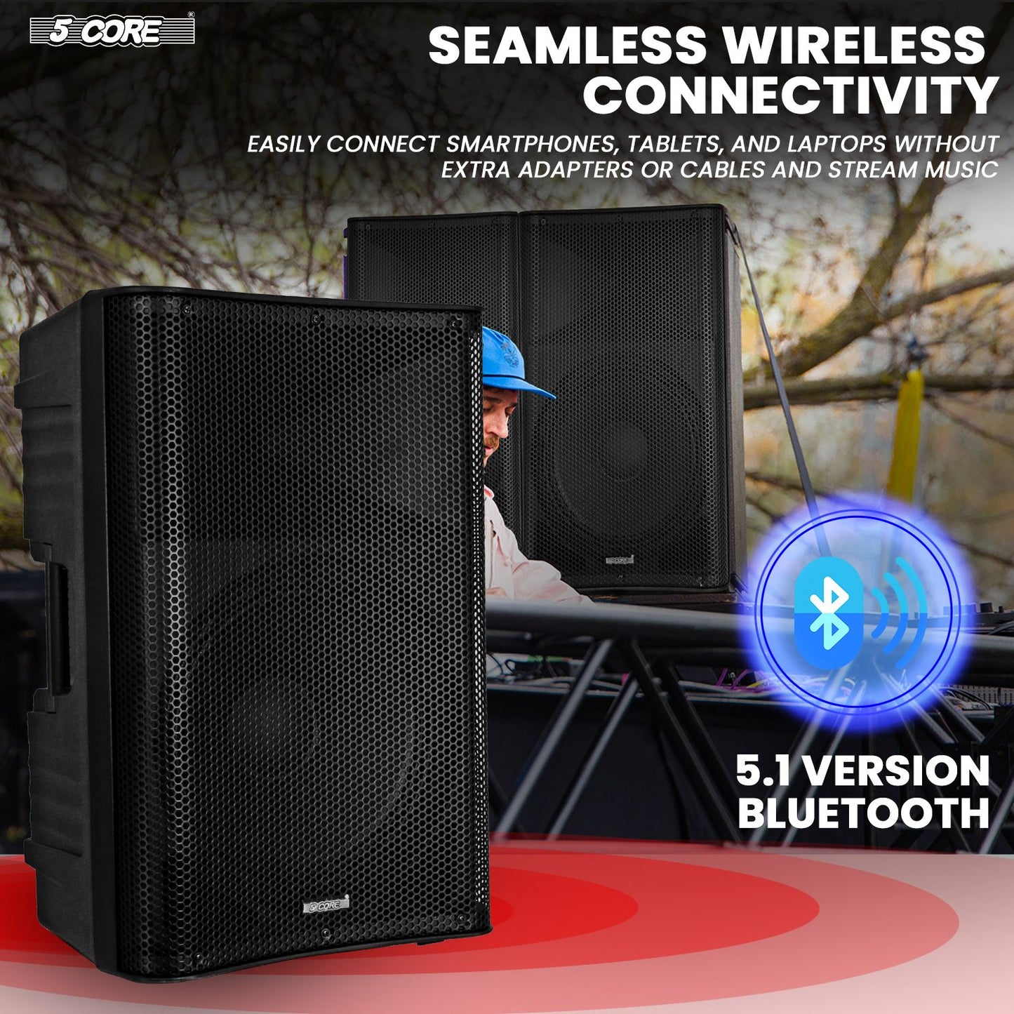 5 Core 12 Inch Bluetooth DJ Speakers Powered 500 Watt Professional Portable PA System 2 Way TWS Bluetooth Speaker with 2 UHF Wireless Microphone Indoor Outdoor Sound Set for Party Active DJ 12 2-MIC