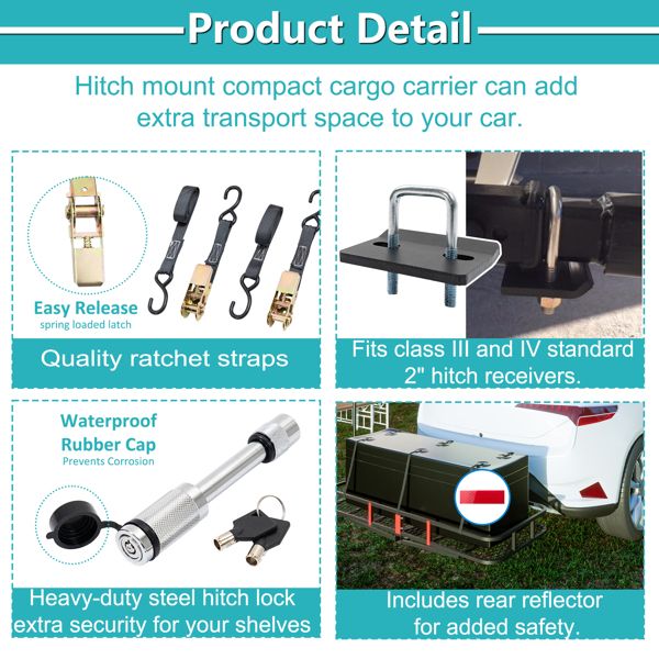 60" x 24" x 6" Hitched Mounted Folding Cargo Basket with Cargo Net, 500lb Capacity for Car SUV Truck Trailer, Black