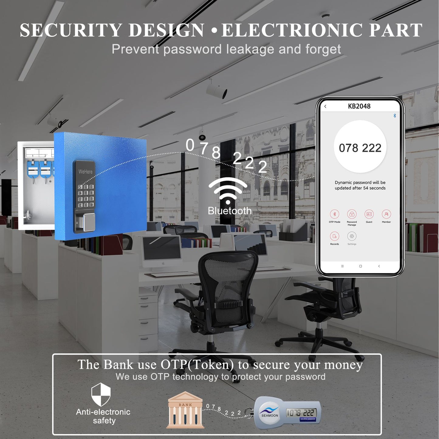 WeHere Key Lock Box (16 Keys) with APP; Steal Large Key Cabinet Wall Mount; Electronic Locking Key Box use OTP/Bluetooth/Fixed Password Unlock; APP Remote Authorization Great for School/Realtors