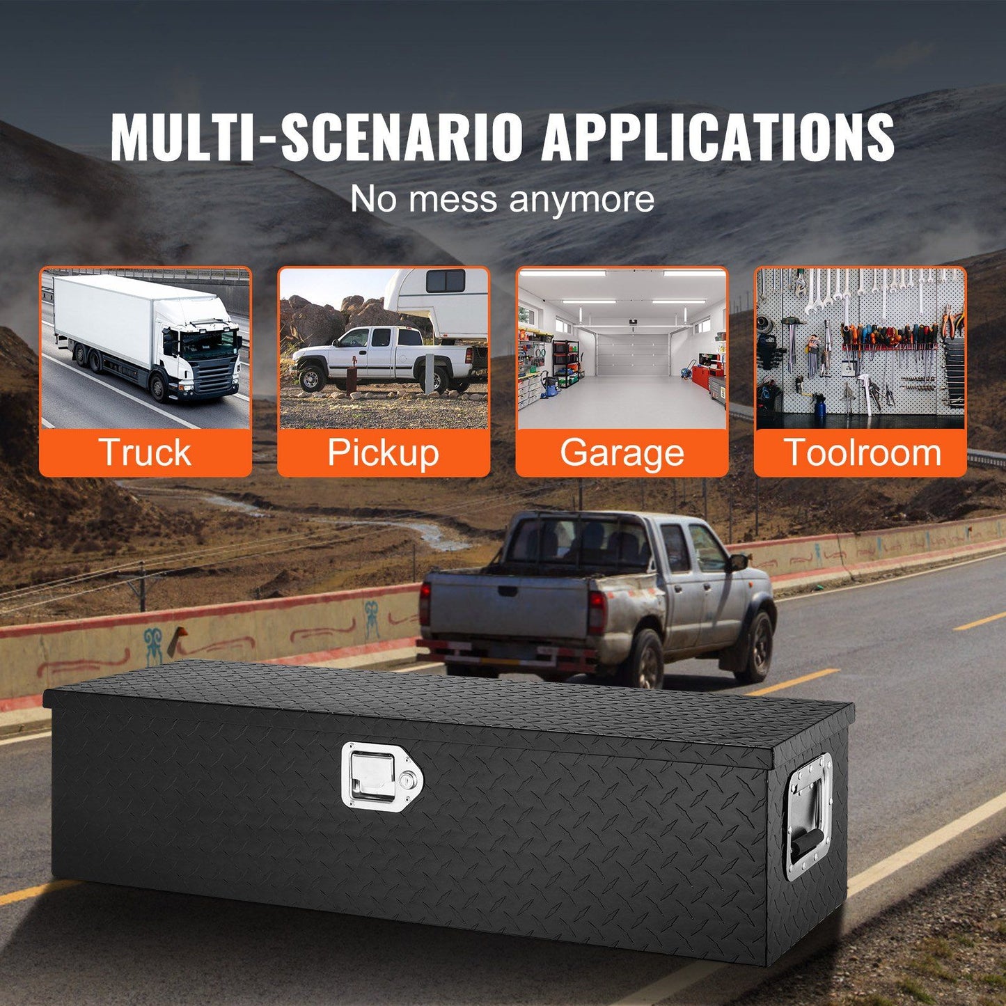 VEVOR Heavy Duty Aluminum Truck Bed Tool Box, Diamond Plate Tool Box with Side Handle and Lock Keys, Storage Tool Box Chest Box Organizer for Pickup, Truck Bed, RV, Trailer, 30"x13"x9.6", Black