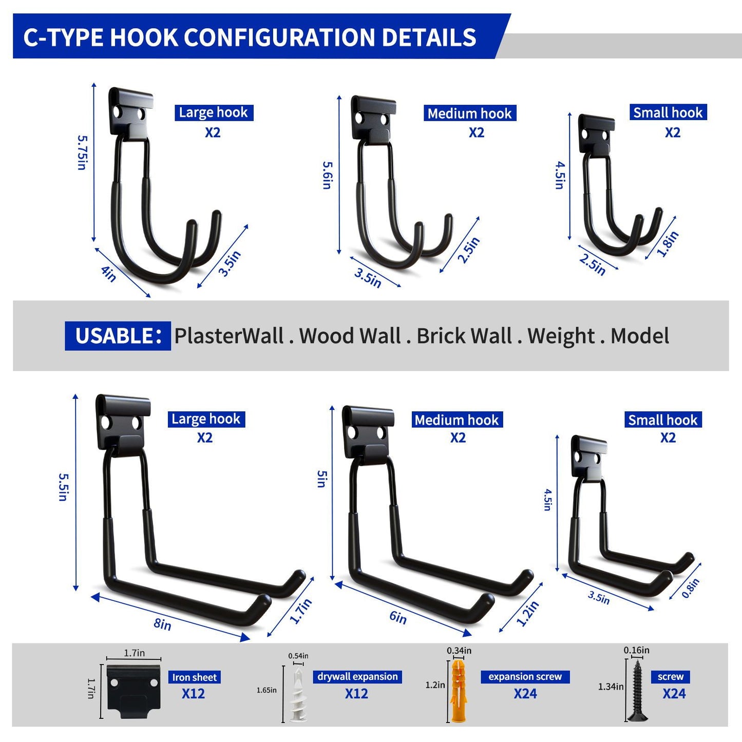 12-piece garage hook Heavy duty, utility steel garage storage hooks, wall-mounted garage hooks and organizers for organizing power tools, ladders, bulk items, bicycles, ropes and more equipment