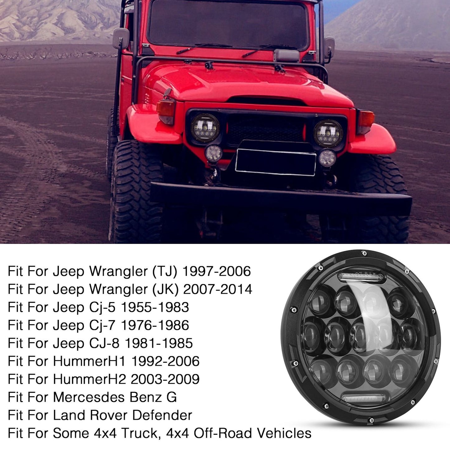 2Pcs 7In 75W Round LED Headlight 3800LM Halo Car Headlamp with DRL High Low Beam for Jeep Wrangler TJ JK CJ with H4 to H13 Adapters Plug and Play