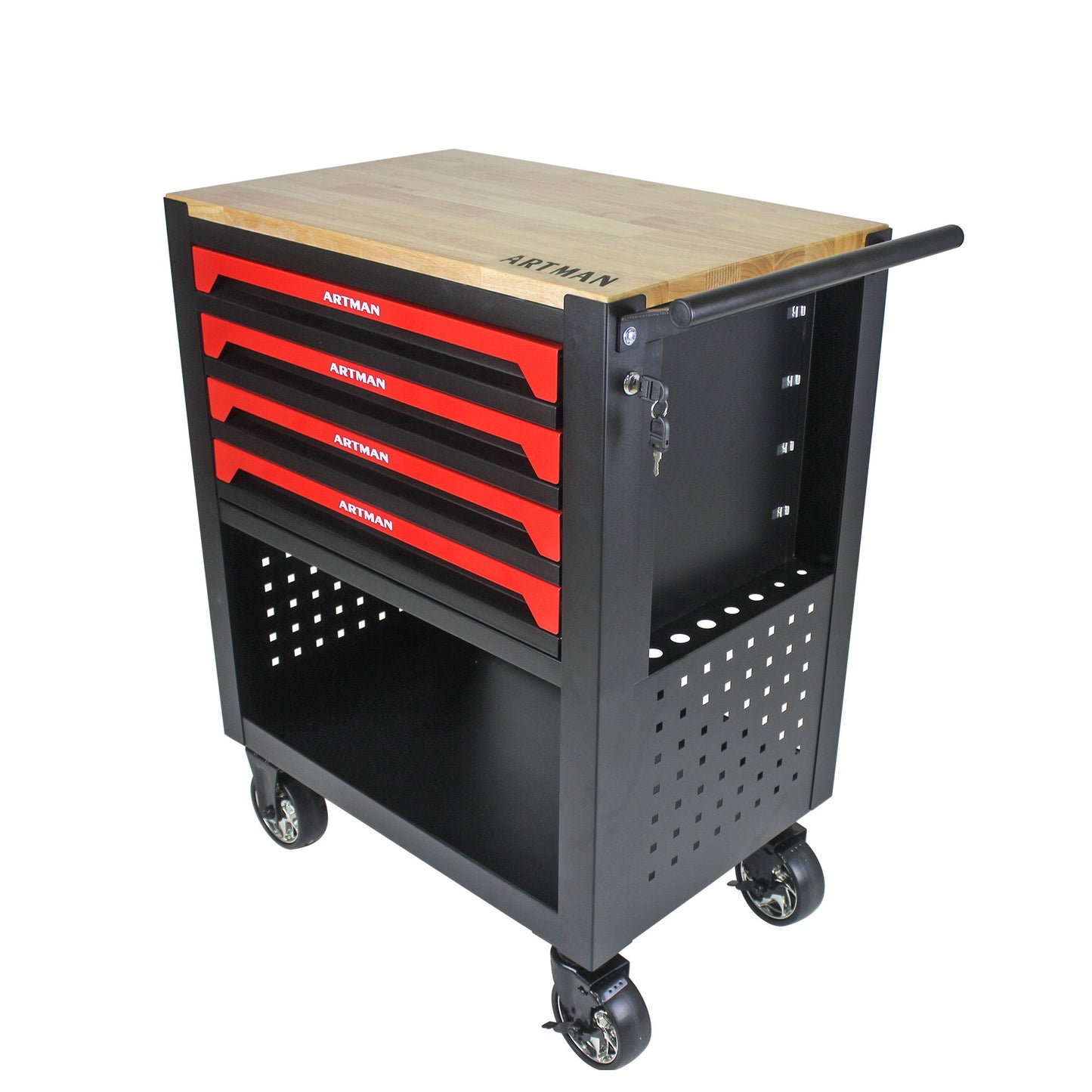 4 DRAWERS MULTIFUNCTIONAL TOOL CART WITH TOOL SET AND WOODEN TOP