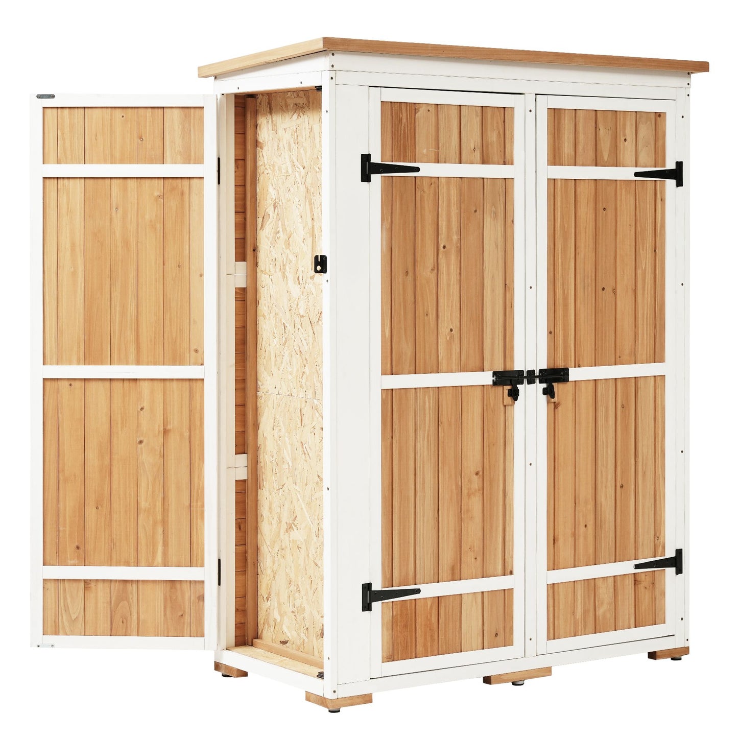 [Video Provided] TOPMAX Outdoor 5.5ft Hx4.1ft L Wood Storage Shed, Garden Tool Cabinet with Waterproof Asphalt Roof, Four Lockable Doors, Multiple-tier Shelves, Natural