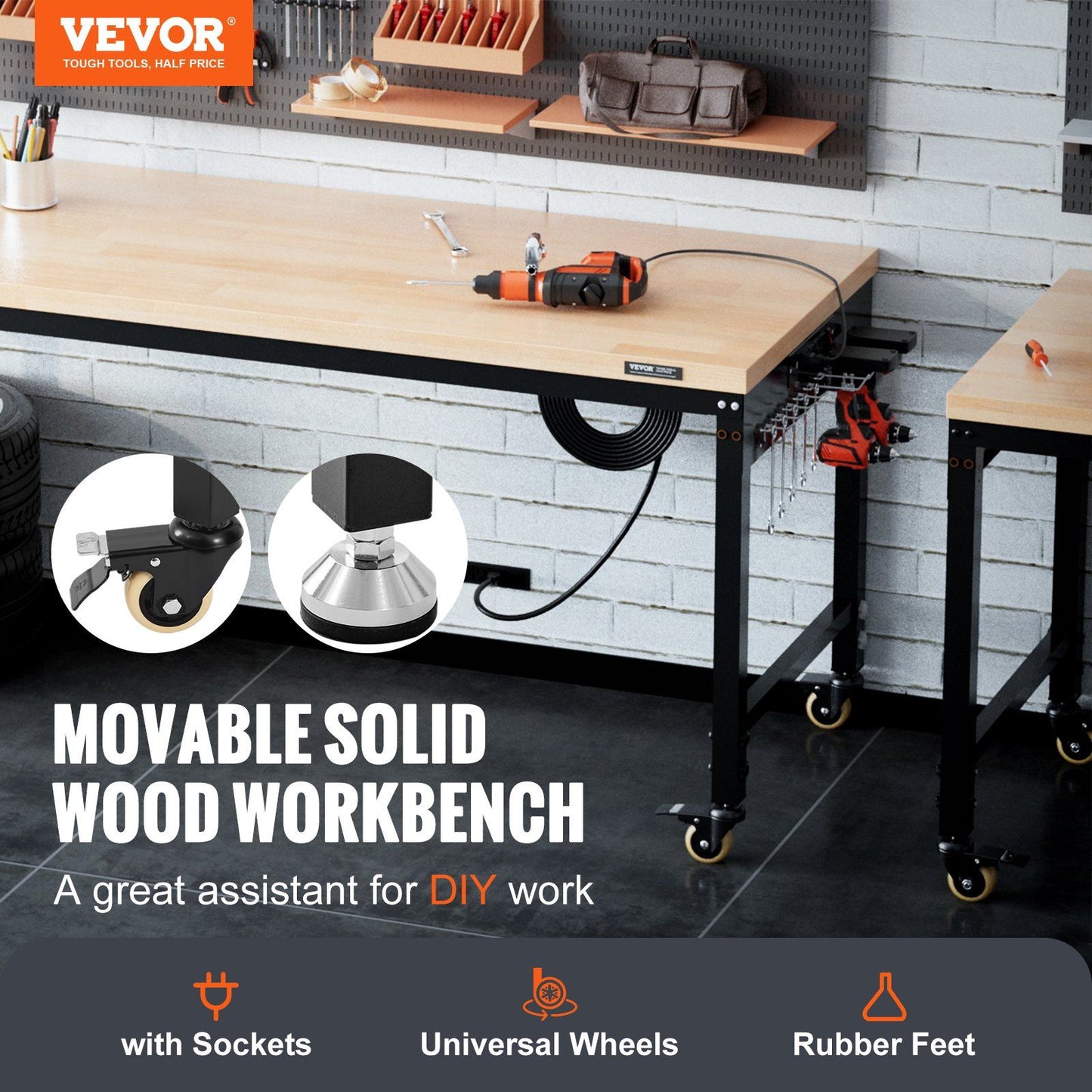 VEVOR Workbench A3 Steel Work Bench For Garage max. 1500W Heavy Duty Workbench 220lbs Weight Capacity 0.47" Bench top Thickness Hardwood Workbench 1.5m Cable 4xAC outlets 2xUSB ports 30xHooks