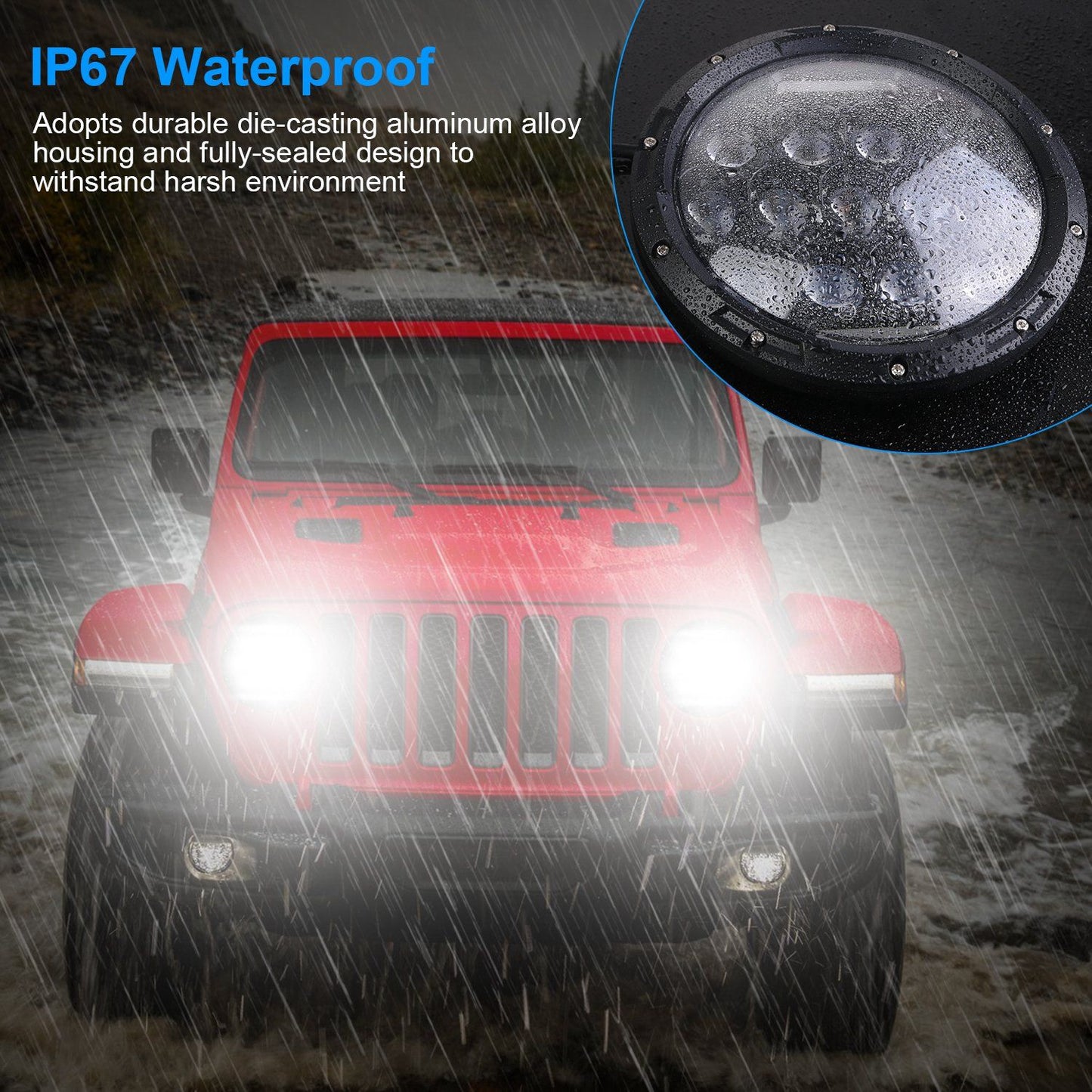 2Pcs 7In 75W Round LED Headlight 3800LM Halo Car Headlamp with DRL High Low Beam for Jeep Wrangler TJ JK CJ with H4 to H13 Adapters Plug and Play