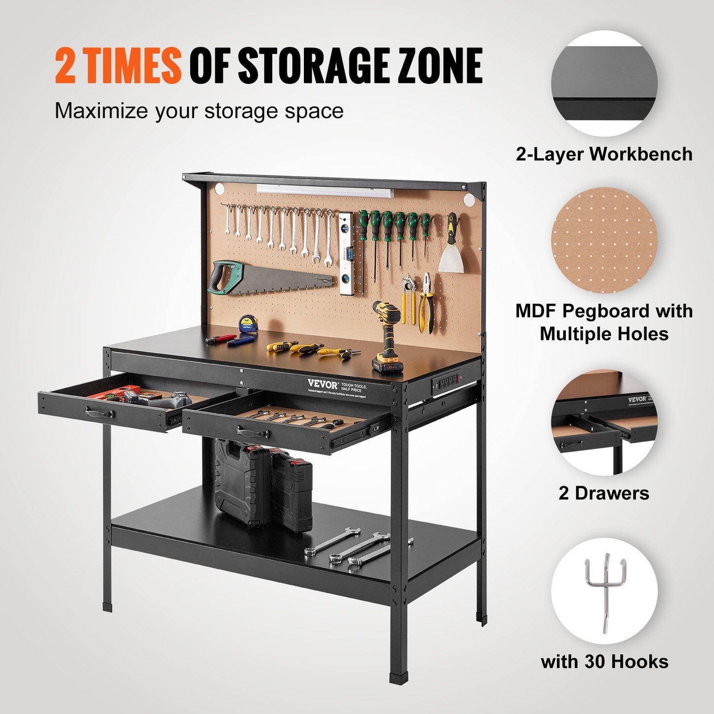 VEVOR Workbench A3 Steel Work Bench For Garage max. 1500W Heavy Duty Workbench 220lbs Weight Capacity 0.47" Bench top Thickness Hardwood Workbench 1.5m Cable 4xAC outlets 2xUSB ports 30xHooks