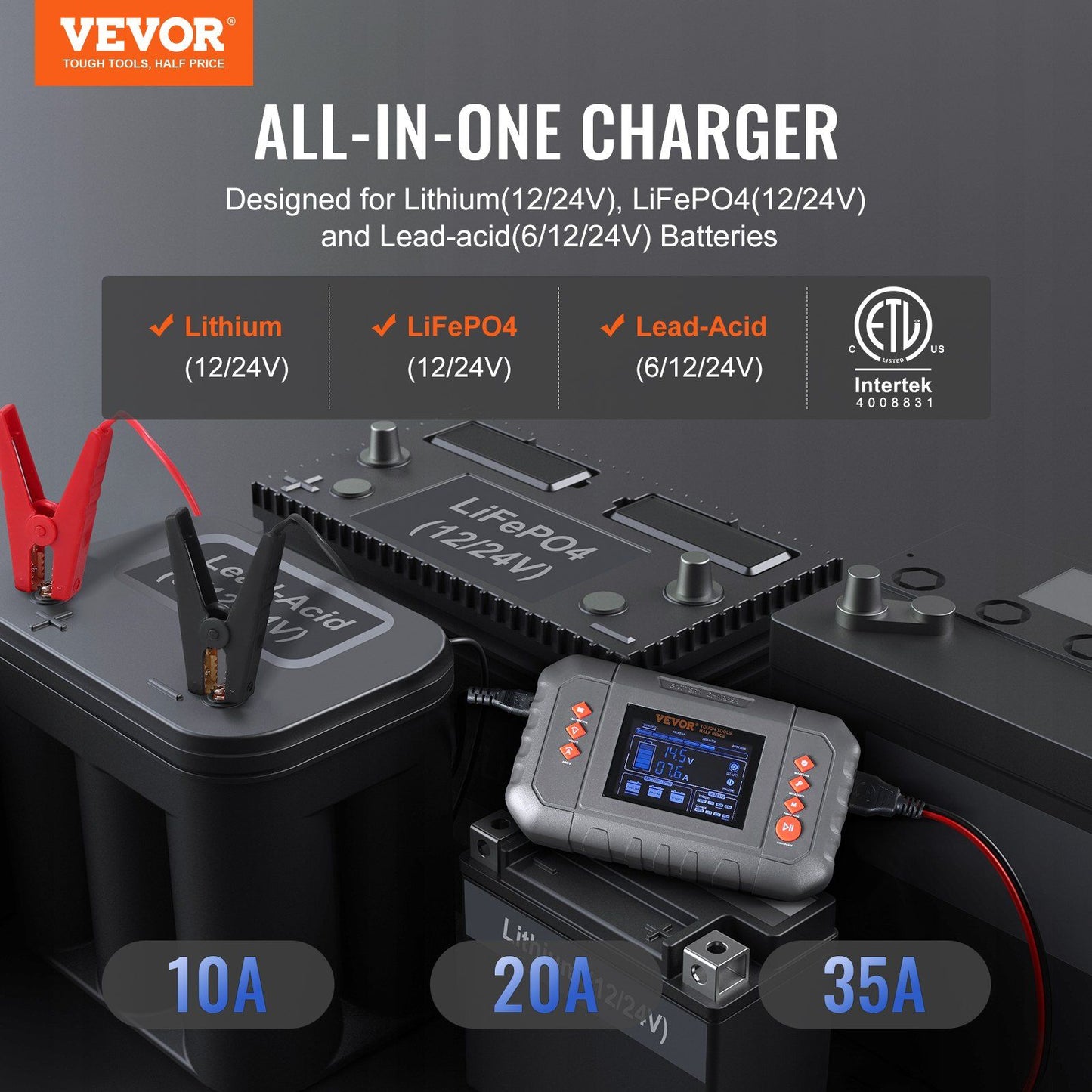 VEVOR Smart Battery Charger, 35-Amp, Lithium LiFePO4 Lead-Acid (AGM / Gel / SLA) Car Battery Charger with LCD Display, Trickle Charger Maintainer Desulfator for Boat Motorcycle Lawn Mower Deep Cycle