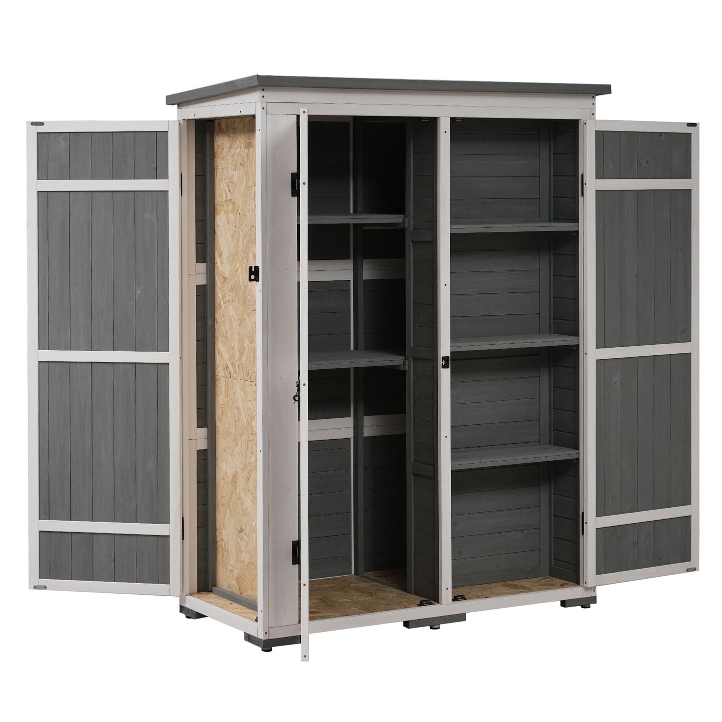 [Video Provided] TOPMAX Outdoor 5.5ft Hx4.1ft L Wood Storage Shed, Garden Tool Cabinet with Waterproof Asphalt Roof, Four Lockable Doors, Multiple-tier Shelves, White and Gray