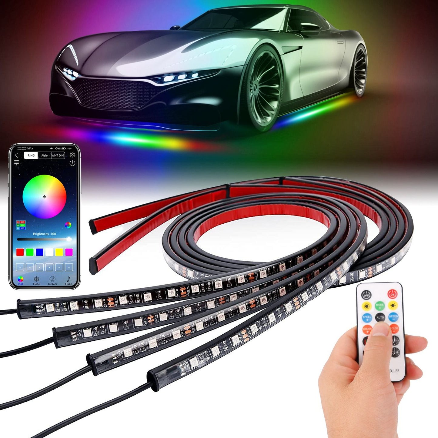 Waterproof RGB Underglow LED Strip Remote App Control Car Underbody Light