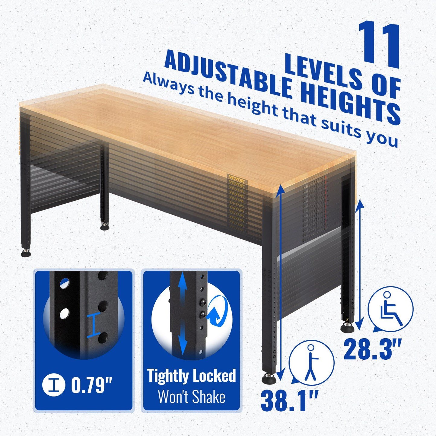 VEVOR Workbench Adjustable Height, 48" L X 20" W X 38.1" H Garage Table w/ 28.3" - 38.1" Heights & 2000 LBS Load Capacity, with Power Outlets & Hardwood Top & Metal Frame & Foot Pads, for Office Home