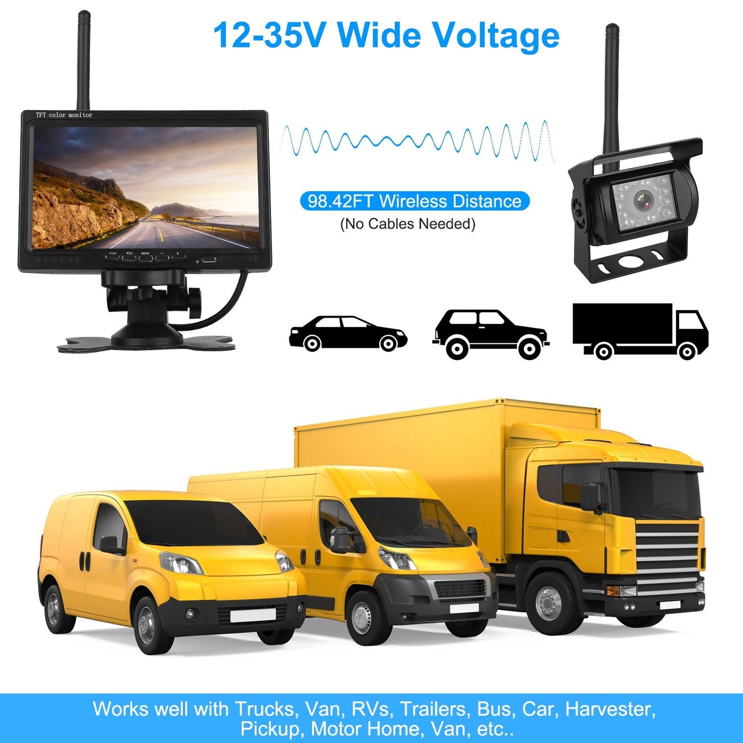 Wireless Backup Camera System Vehicle Rear View Monitor Kit IP67 Waterproof Car Parking Reverse System with 7In Screen Night Vision 2.4G Stable Signal for Car Trunk Van SUV