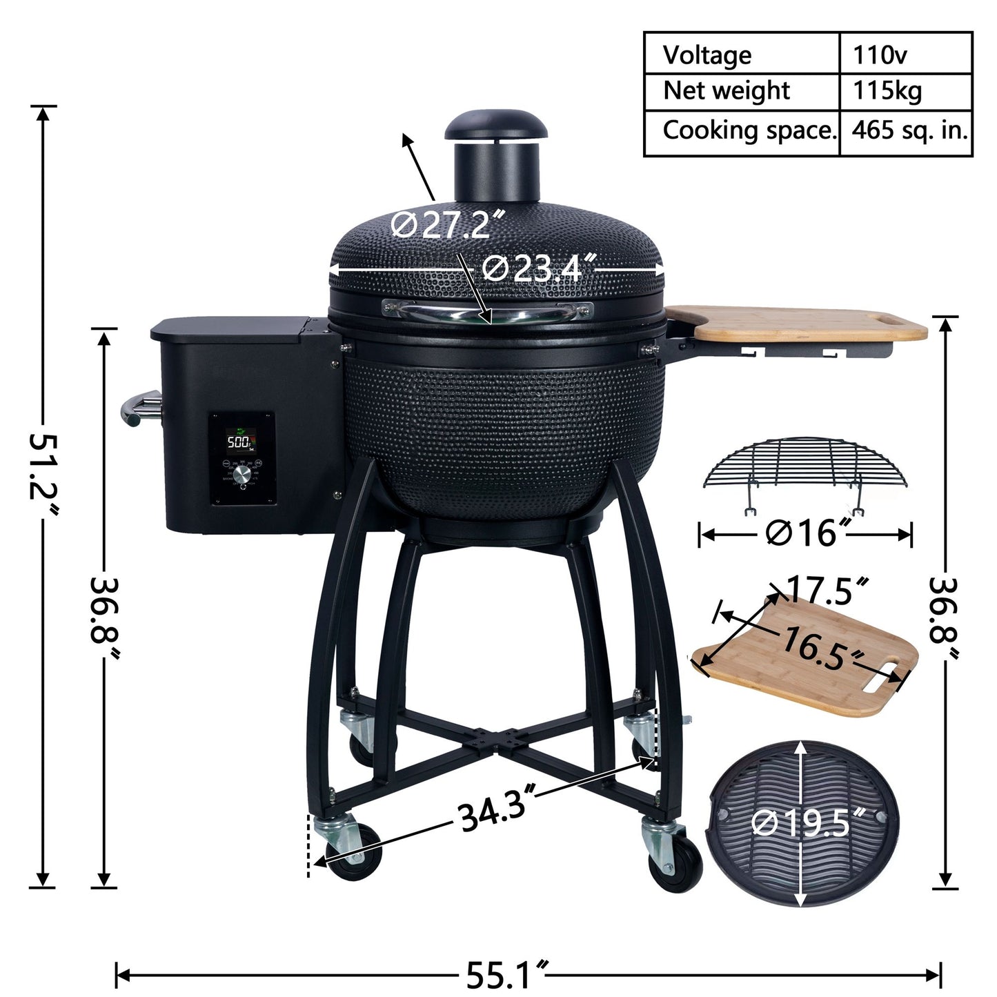 24 "Ceramic Pellet Grill with 19.6" diameter Gridiron Double Ceramic Liner 4-in-1 Smoked Roasted BBQ Pan-roasted for Outdoors Patio