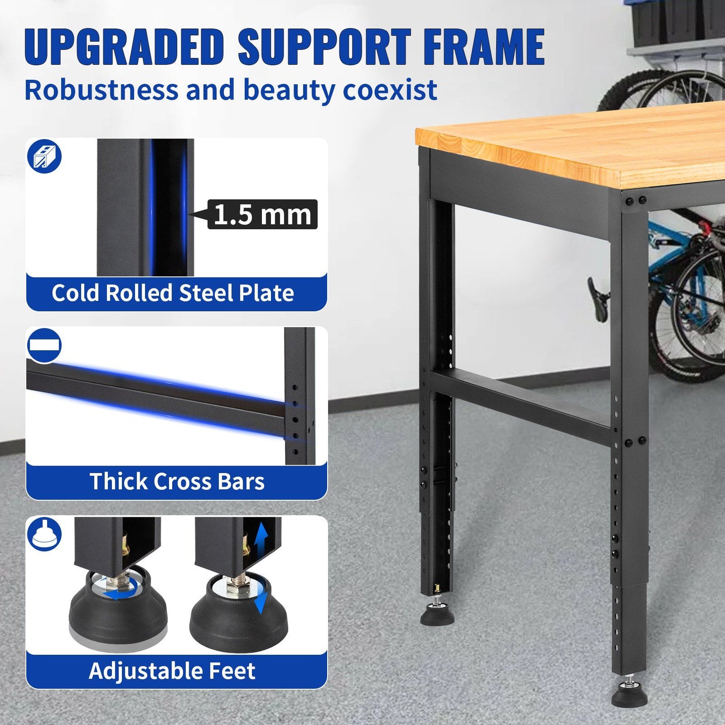 VEVOR Workbench Adjustable Height, 48" L X 20" W X 38.1" H Garage Table w/ 28.3" - 38.1" Heights & 2000 LBS Load Capacity, with Power Outlets & Hardwood Top & Metal Frame & Foot Pads, for Office Home