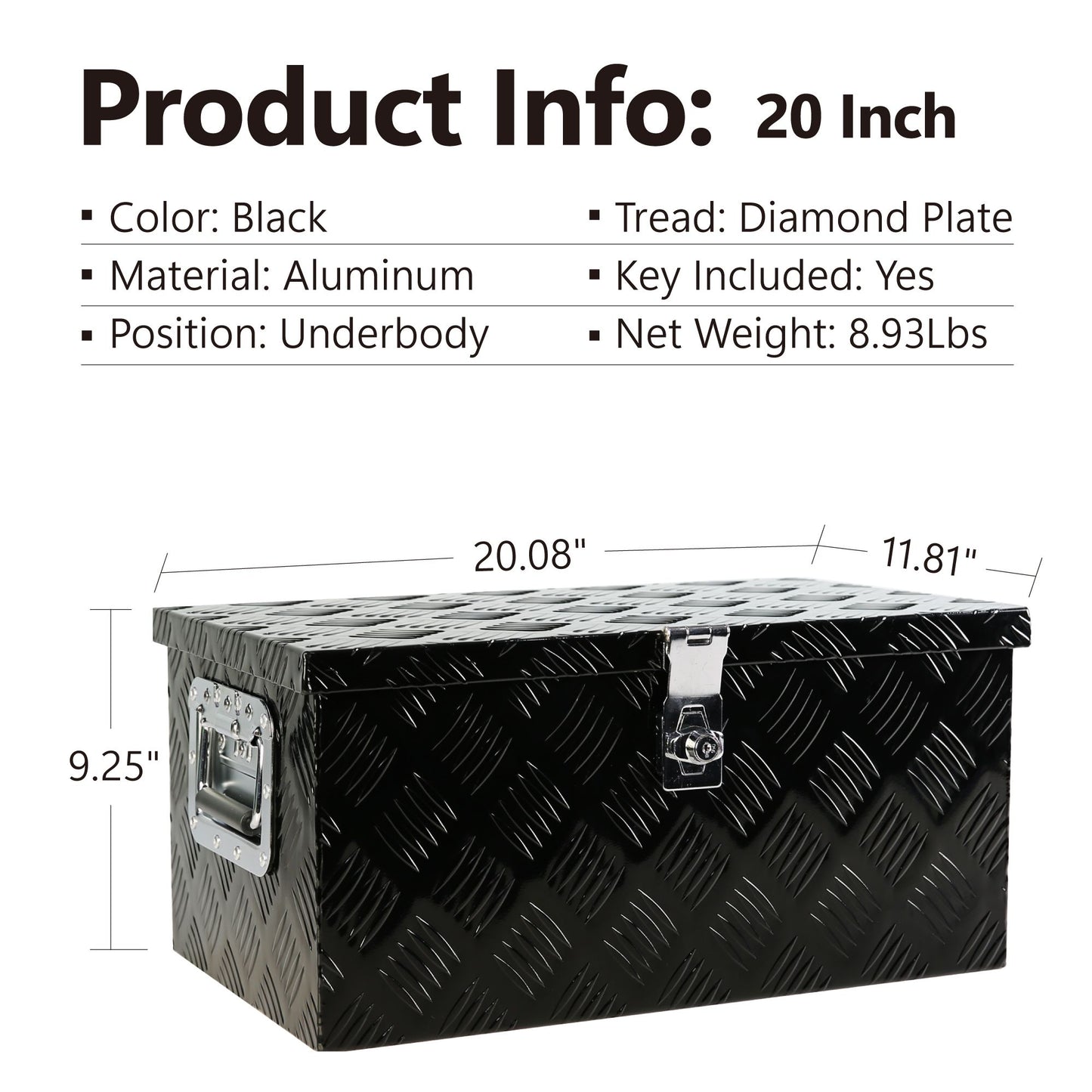 20 Inch Black Aluminum Tool long Box 5 Bar Tread Flat box for Truck Car Outdoor Trailer Pickup Underbody RV ATV Storage Tools Organizer with Lock Side Handle and Keys (20.1"×11.8"×9.3")