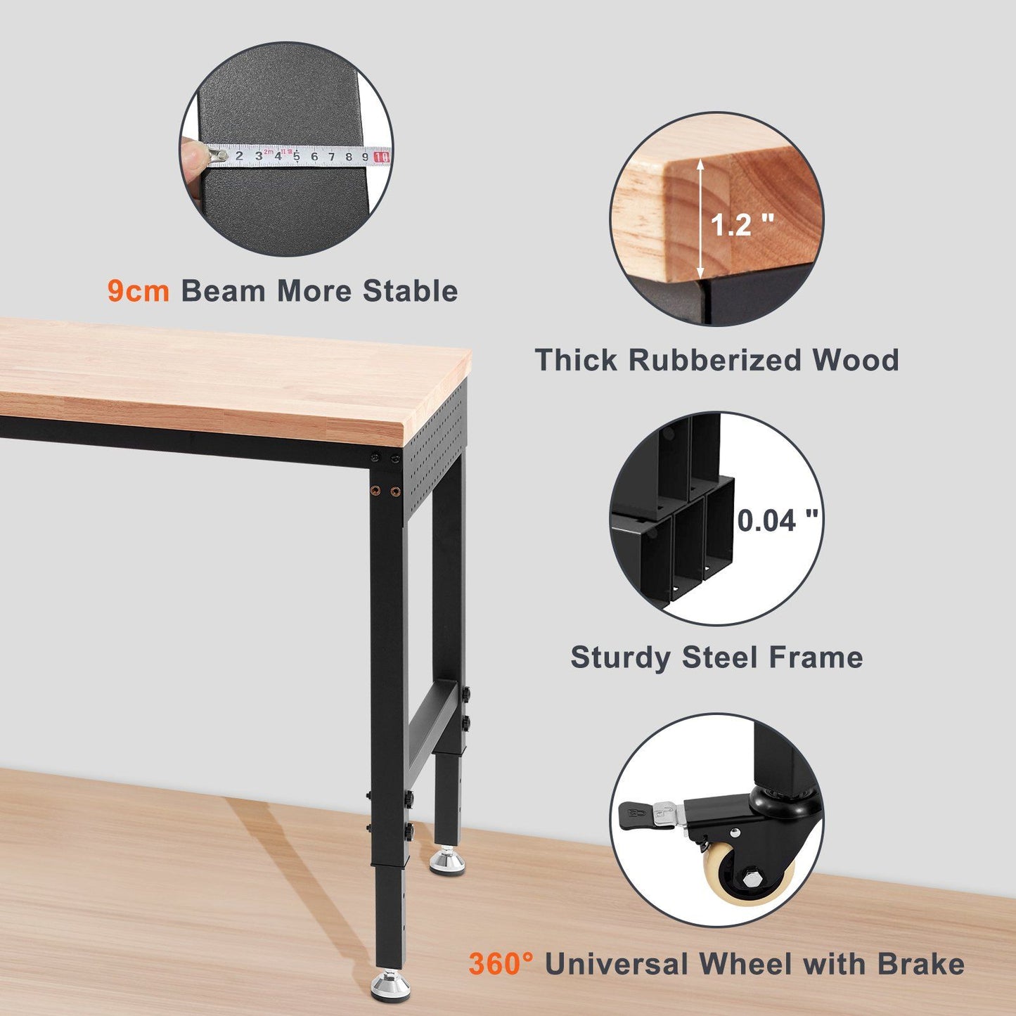 VEVOR Workbench A3 Steel Work Bench For Garage max. 1500W Heavy Duty Workbench 220lbs Weight Capacity 0.47" Bench top Thickness Hardwood Workbench 1.5m Cable 4xAC outlets 2xUSB ports 30xHooks