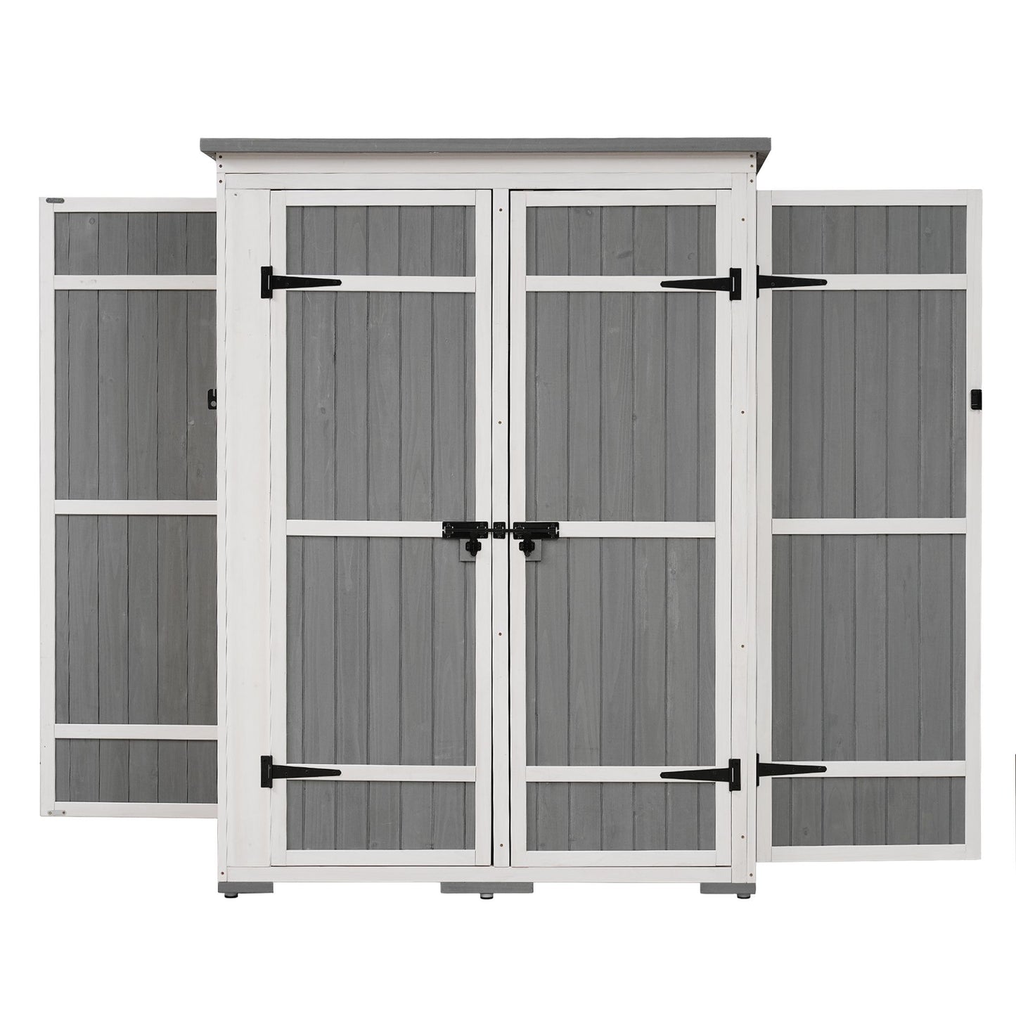 [Video Provided] TOPMAX Outdoor 5.5ft Hx4.1ft L Wood Storage Shed, Garden Tool Cabinet with Waterproof Asphalt Roof, Four Lockable Doors, Multiple-tier Shelves, White and Gray