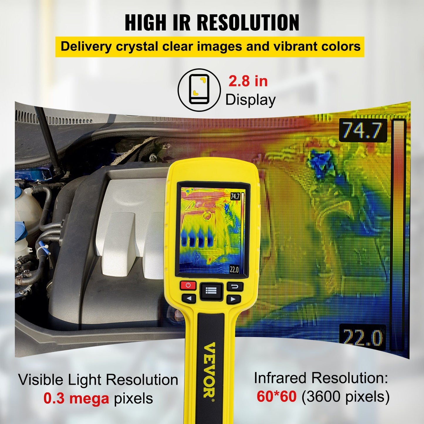 VEVOR Thermal Imaging Camera, 60x60 (3600 Pixels) IR Resolution Infrared Camera with 2.8" Color Display Screen, Built-in SD Card and Li-ion Battery, for HVAC, Electrical System Automatic Detect