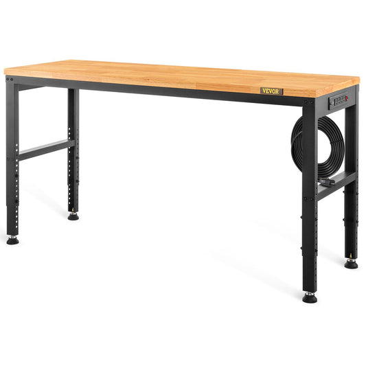 VEVOR Workbench Adjustable Height, 48" L X 20" W X 38.1" H Garage Table w/ 28.3" - 38.1" Heights & 2000 LBS Load Capacity, with Power Outlets & Hardwood Top & Metal Frame & Foot Pads, for Office Home