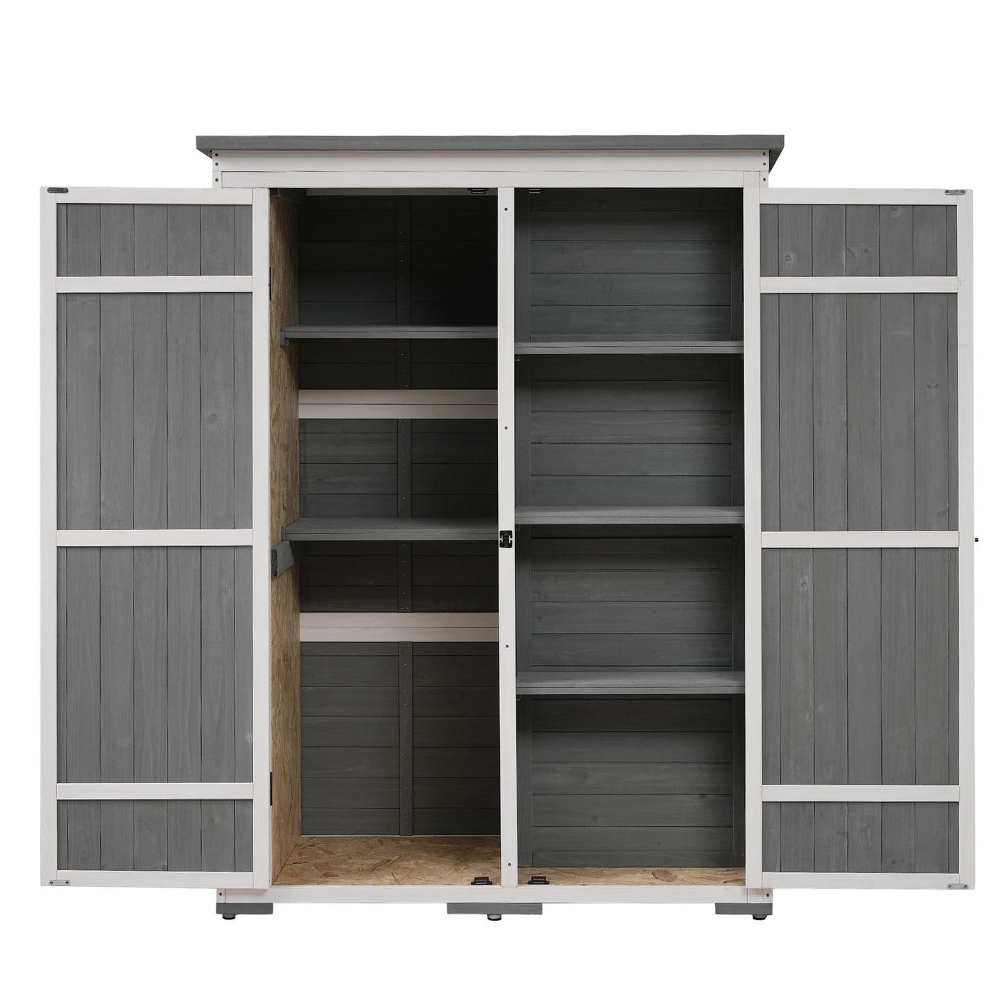 [Video Provided] TOPMAX Outdoor 5.5ft Hx4.1ft L Wood Storage Shed, Garden Tool Cabinet with Waterproof Asphalt Roof, Four Lockable Doors, Multiple-tier Shelves, White and Gray