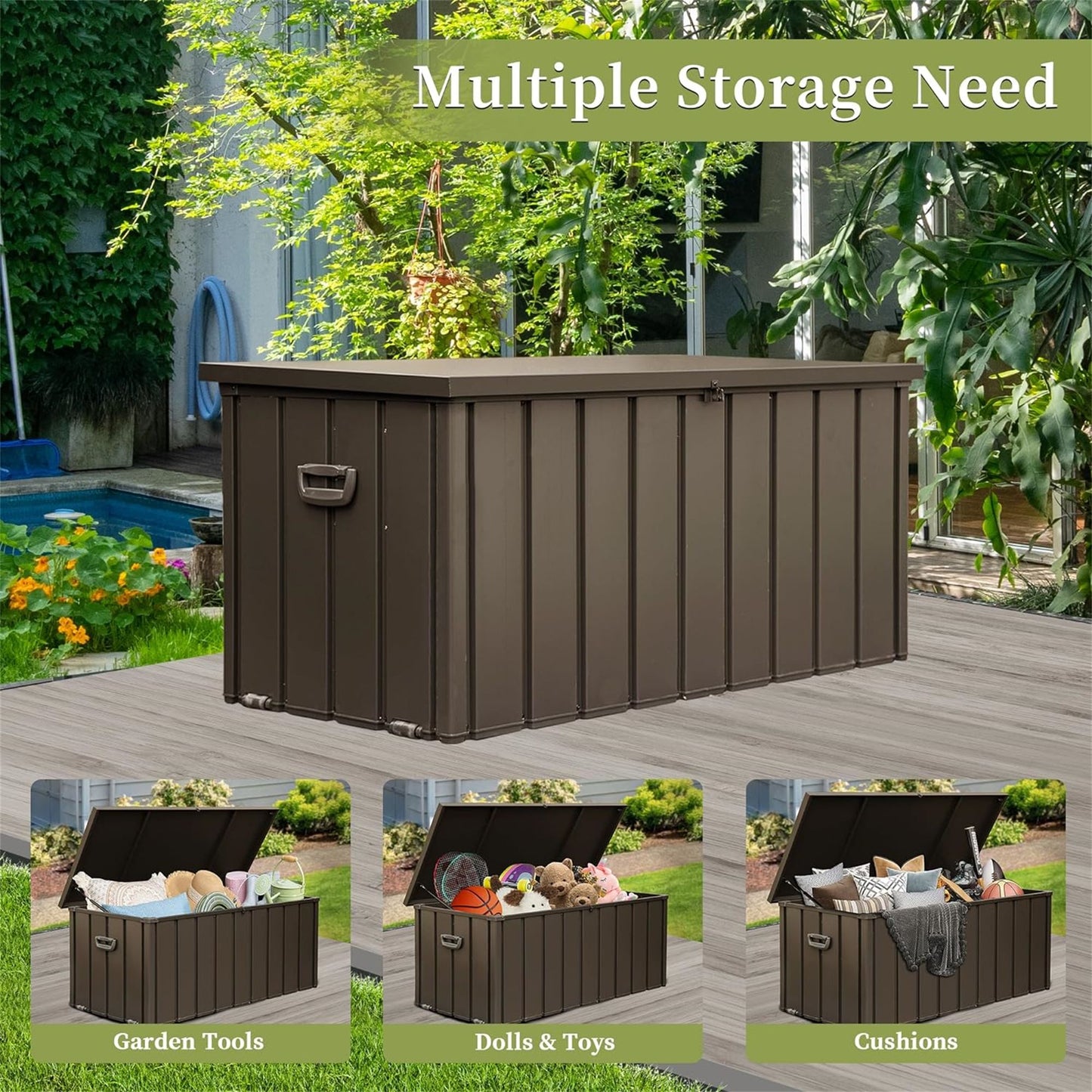 120 Gallon Outdoor Storage Deck Box Waterproof, Large Patio Storage Bin for Outside Cushions, Throw Pillows, Garden Tools, Lockable (Dark Brown)