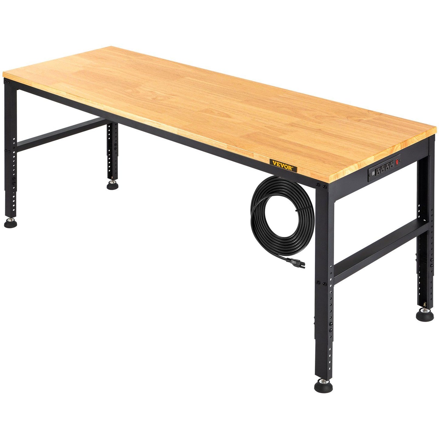 VEVOR Workbench Adjustable Height, 61" x 20" Garage Table w/ 27.1" - 36" Heights & 2000 LBS Load Capacity, with Power Outlets & Hardwood Top & Metal Frame & Foot Pads, for Workshop Office Home