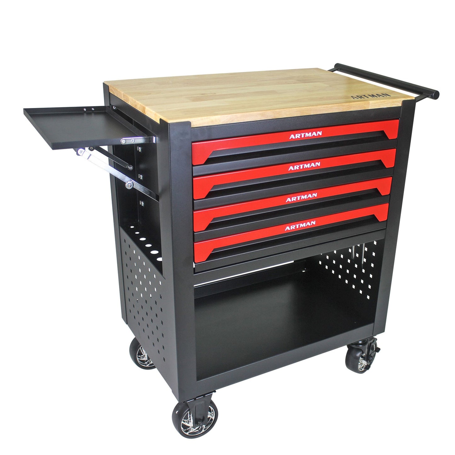 4 DRAWERS MULTIFUNCTIONAL TOOL CART WITH TOOL SET AND WOODEN TOP