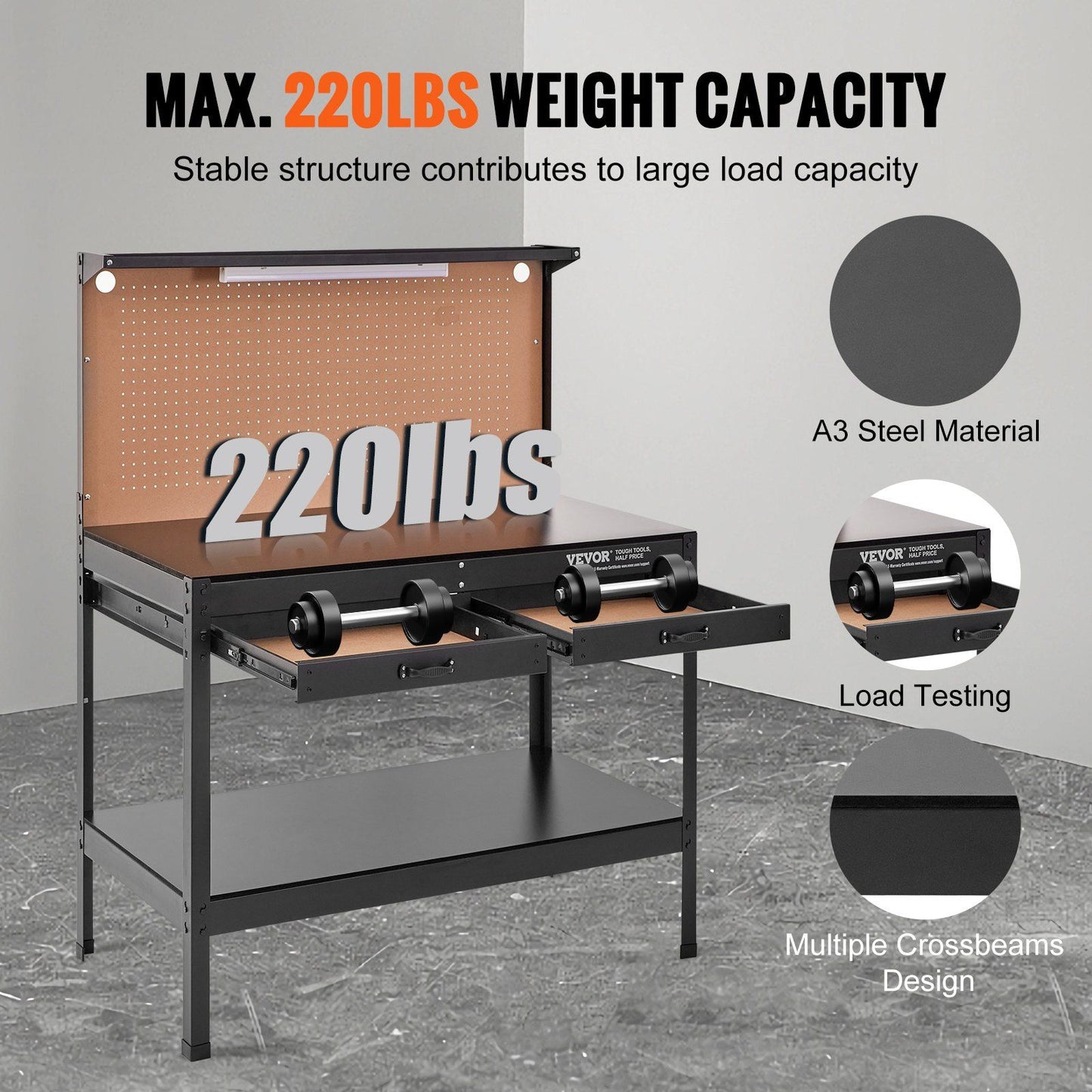 VEVOR Workbench A3 Steel Work Bench For Garage max. 1500W Heavy Duty Workbench 220lbs Weight Capacity 0.47" Bench top Thickness Hardwood Workbench 1.5m Cable 4xAC outlets 2xUSB ports 30xHooks