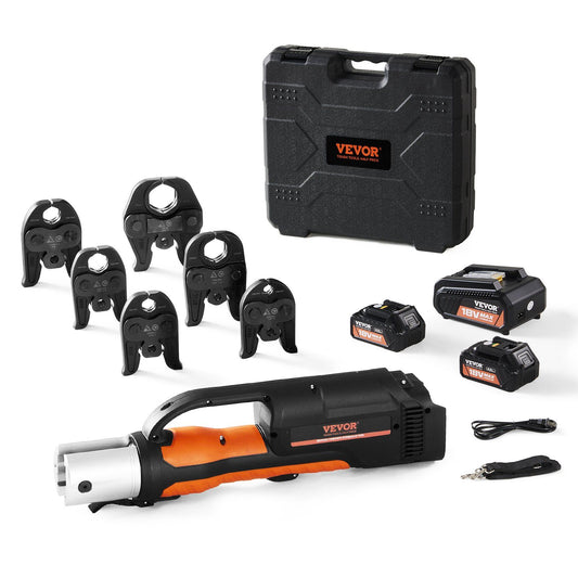 VEVOR Pro Press Tool, 18V Electric Pipe Crimping Tool for 1/2" to 2" Stainless Steel, Copper, PEX Pipes, Press Tool Kit with 6 Pro Press Jaws, 2pcs 4AH Battery, Fast Charger & Carrying Case