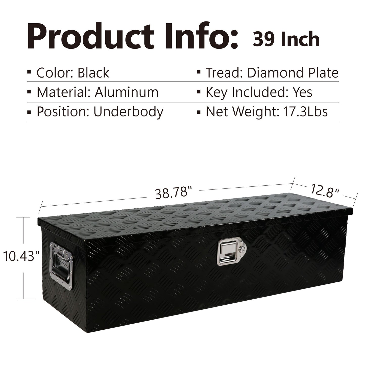 39 Inch Aluminum Truck Tool long Box, Gas Strut, Truck Bed Tool Box with Side Handle ,Lock and 2 Keys, Tool Storage Box for Truck,Trailer,Pickup (38.8"×12.8"×10.4")