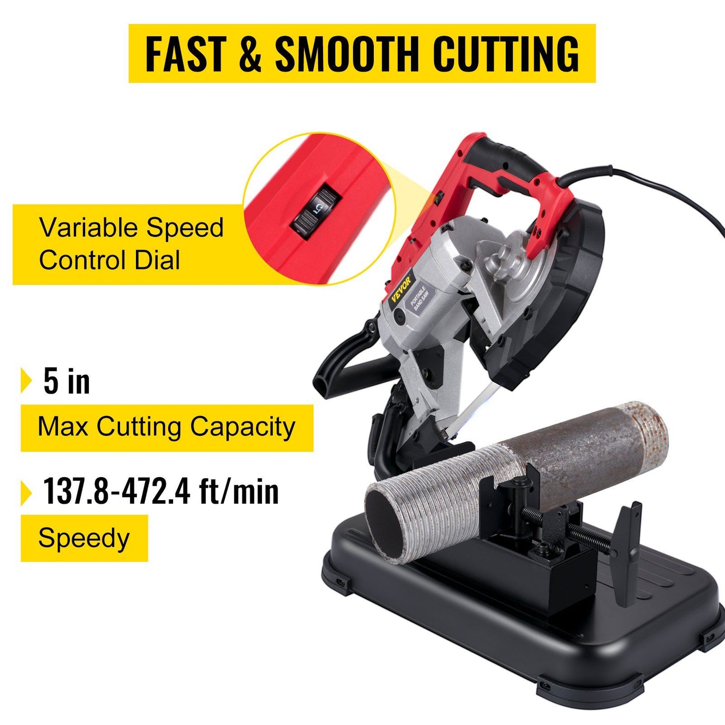 VEVOR Portable Band Saw, 110V Removable Alloy Steel Base Cordless Band Saw, 5 Inch Cutting Capacity Hand held Band Saw,Variable Speed Portable Bandsaw, 10Amp Motor Deep Cut Band saw for Metal Wood